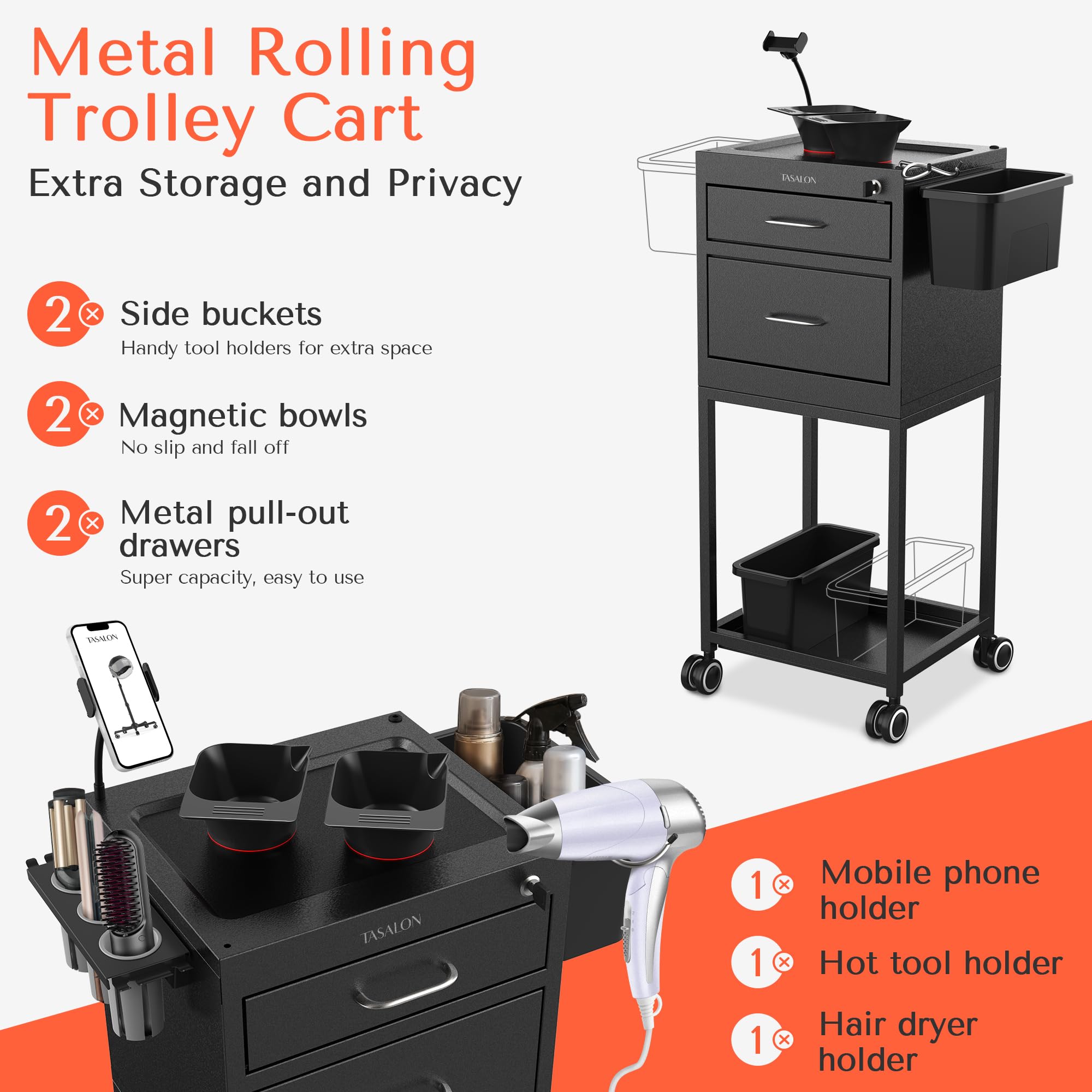 Tasalon New Upgrade Salon Metal Trolley Cart For Salon Station - Space Saving Salon Rolling Cart With 2 Magnetic Bowls- Beauty C