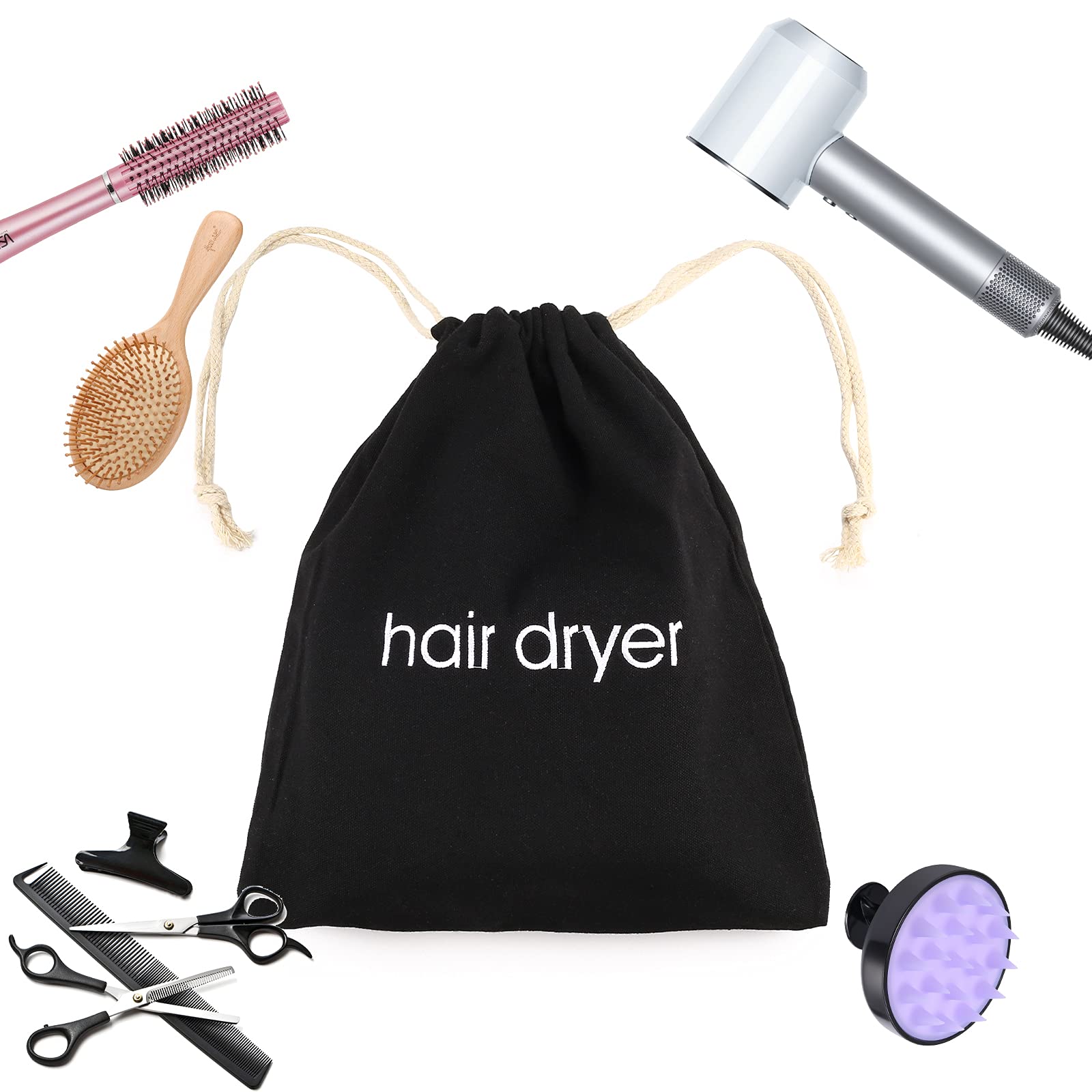 Erkxd 3 | 6 | 8 Pack Hair Dryer Bags Drawstring Bag Container Hairdryer Bag For Travel Bathroom (3 Pcs, Black)