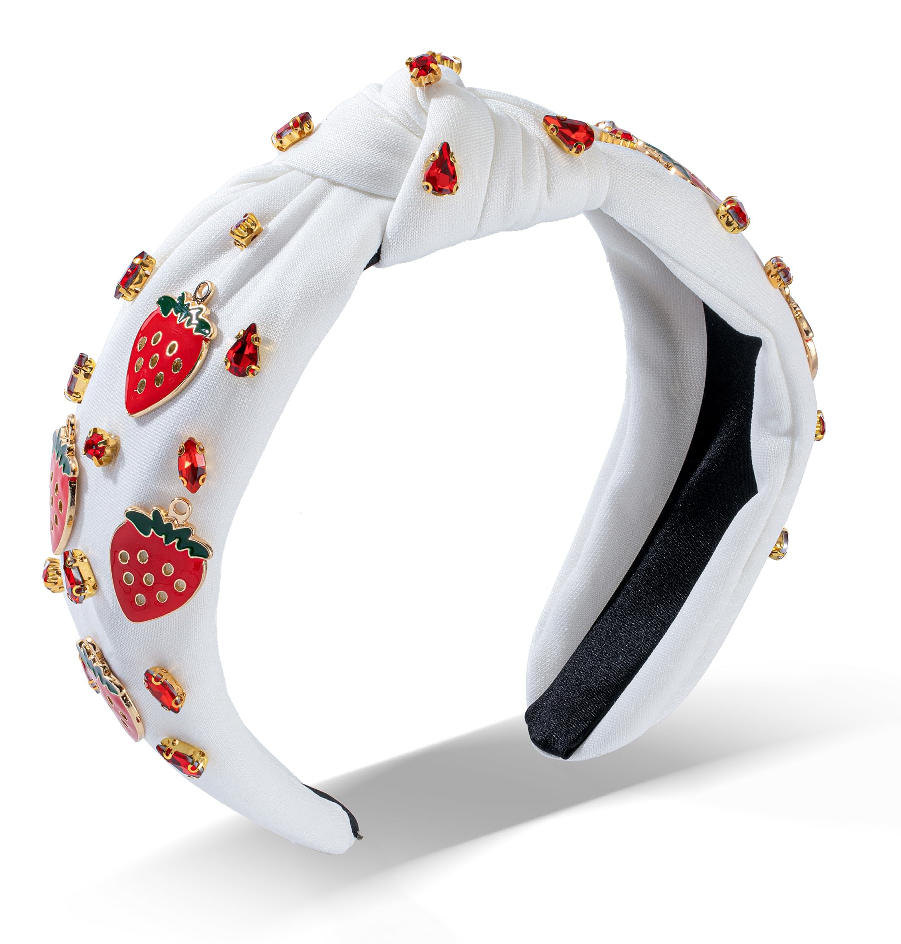 Fruit Sparkly Strawberry Charm Knotted Headbands for Women Girls - Red Crystal Hair Accessories for Summer Vacation, Beach, Pool