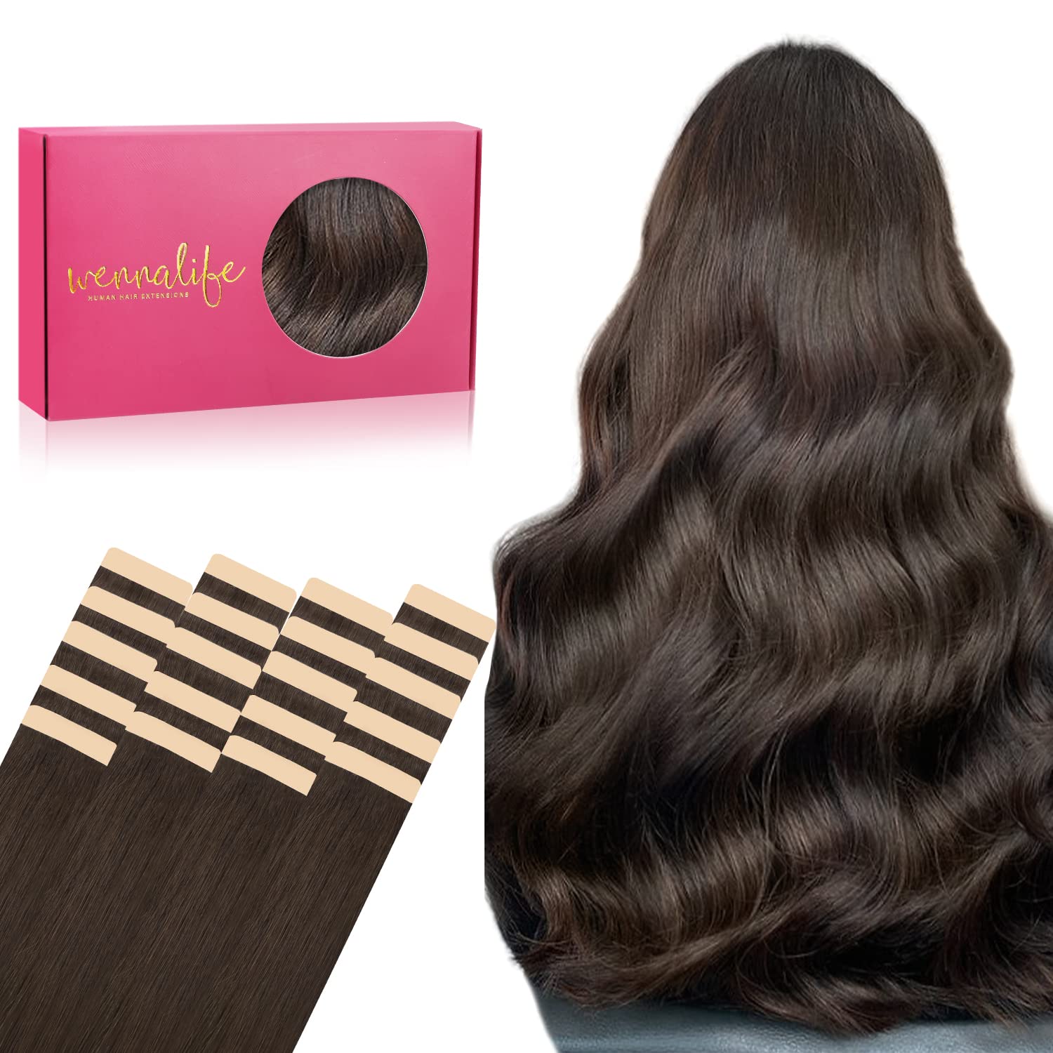 Wennalife Tape In Hair Extensions Human Hair, 20Pcs 50G 16 Inch Light Dark Brown Remy Hair Extensions Straight Human Hair Tape I