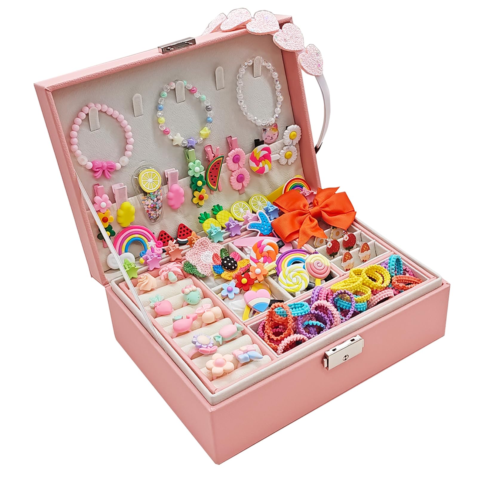 Jewelry Box with Hair Accessories for Girls, Hair Clips/Barrettes/Hair Ties/Bows/Toy Rings/Bracelets/Earrings/Hair Ropes/Hair El