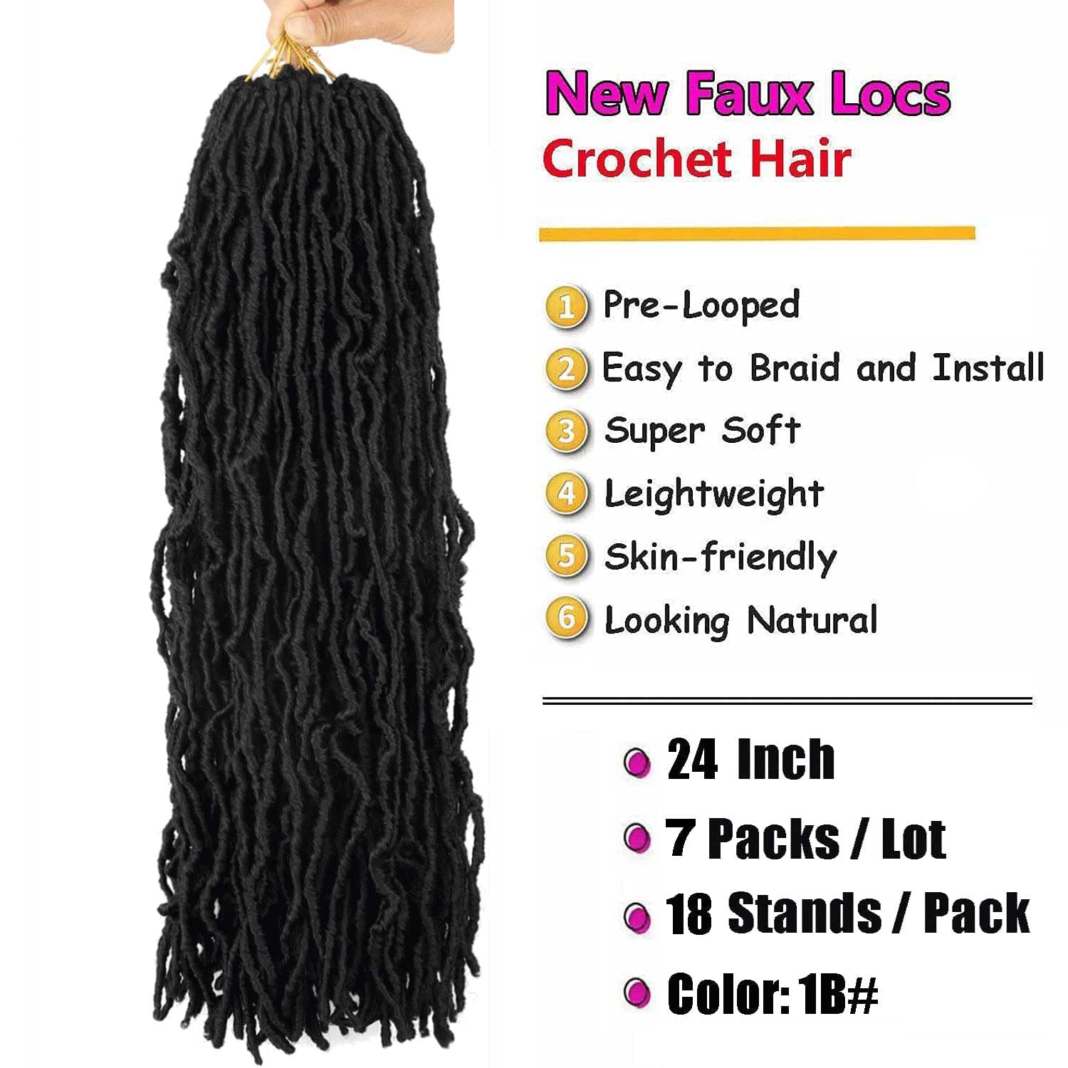 7 Packs 24 Inch Soft Locs Crochet Hair Pre Looped Faux Locs Crochet Braids 126 Stands Curly Wavy Goddess Locs for Butterfly Croc