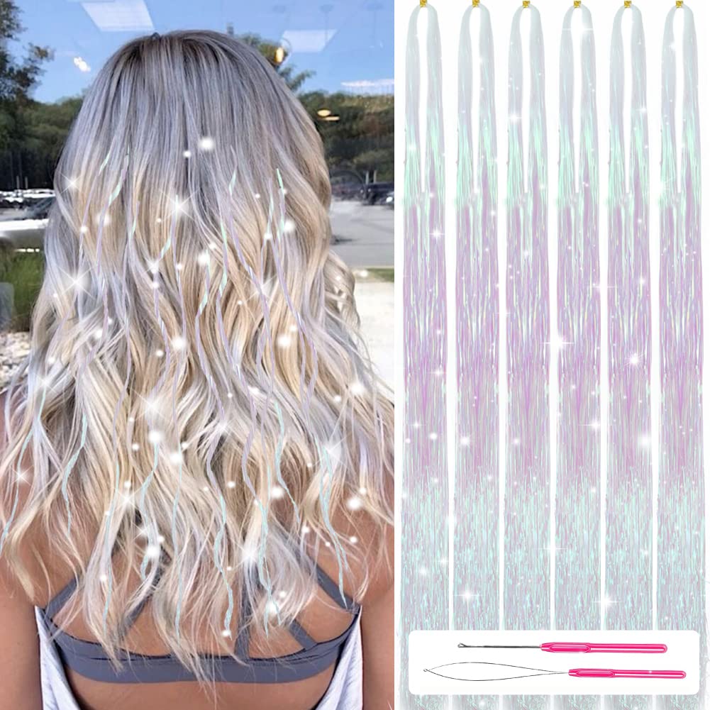 Hair Tinsel Kit With Tools 47Inch 1200 Strands Fairy Hair Tinsel 6Pcs Highlights glitter Hair Extensions Sparkling Shiny Hair Ex