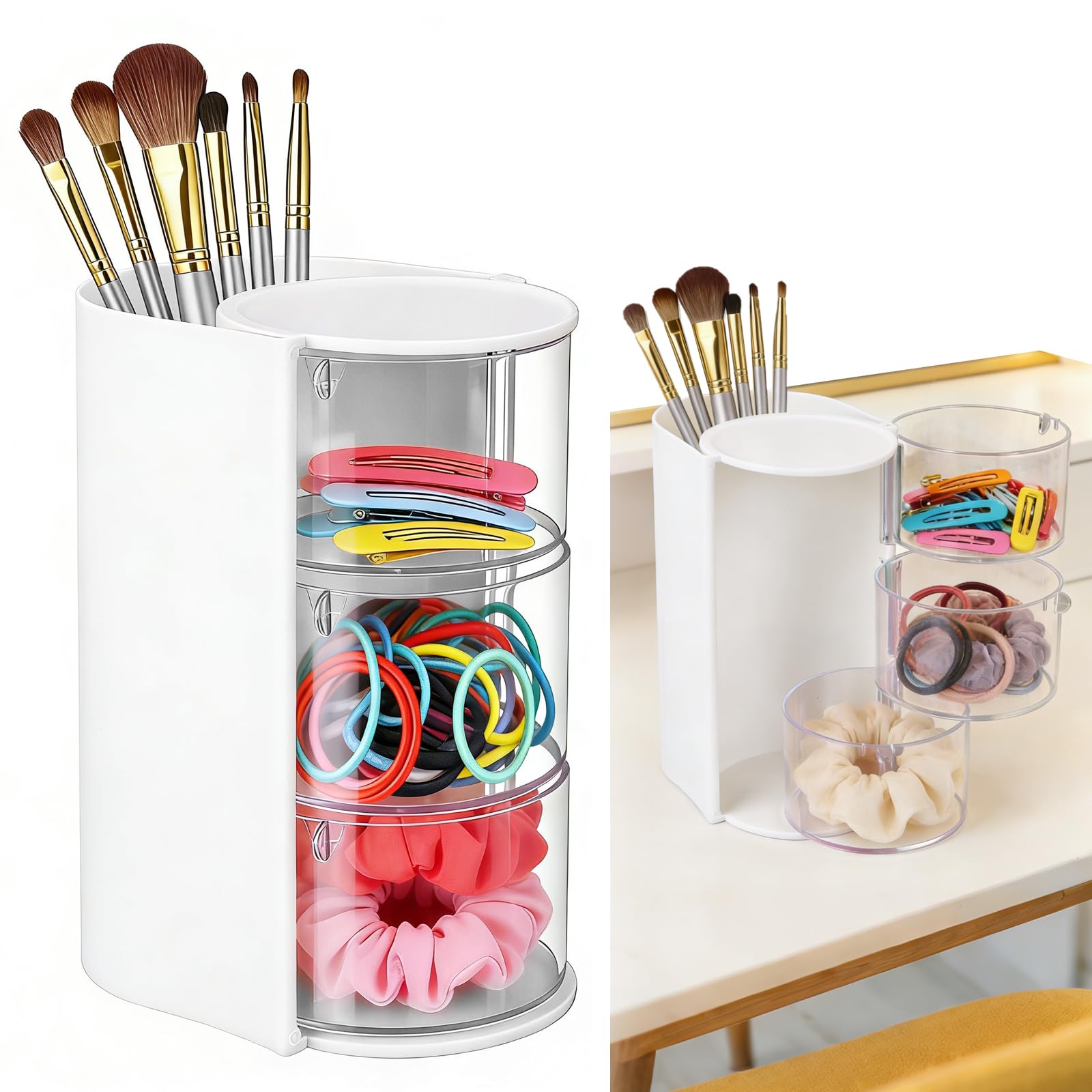 Mkway 3Tier Rotating Hair Accessories Organizer, 360 Spinning Storage Stand for Makeup Brushes and Jewelry, Compact Vanity Disp