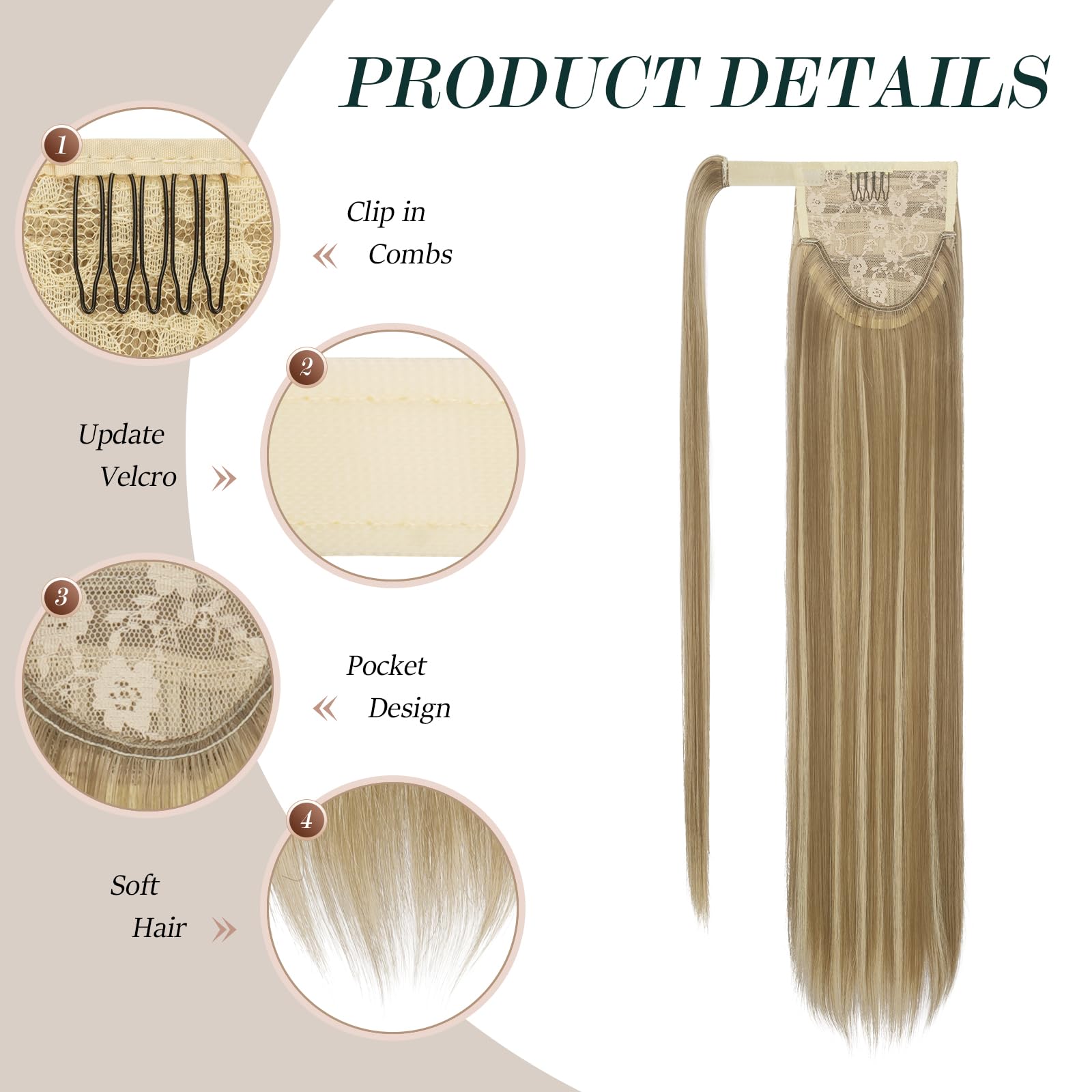 Feshfen Long Straight Ponytail Extensions Wrap Around Clip In Synthetic Ponytails Hair Piece Pony Tails Extensions Hairpieces Fo
