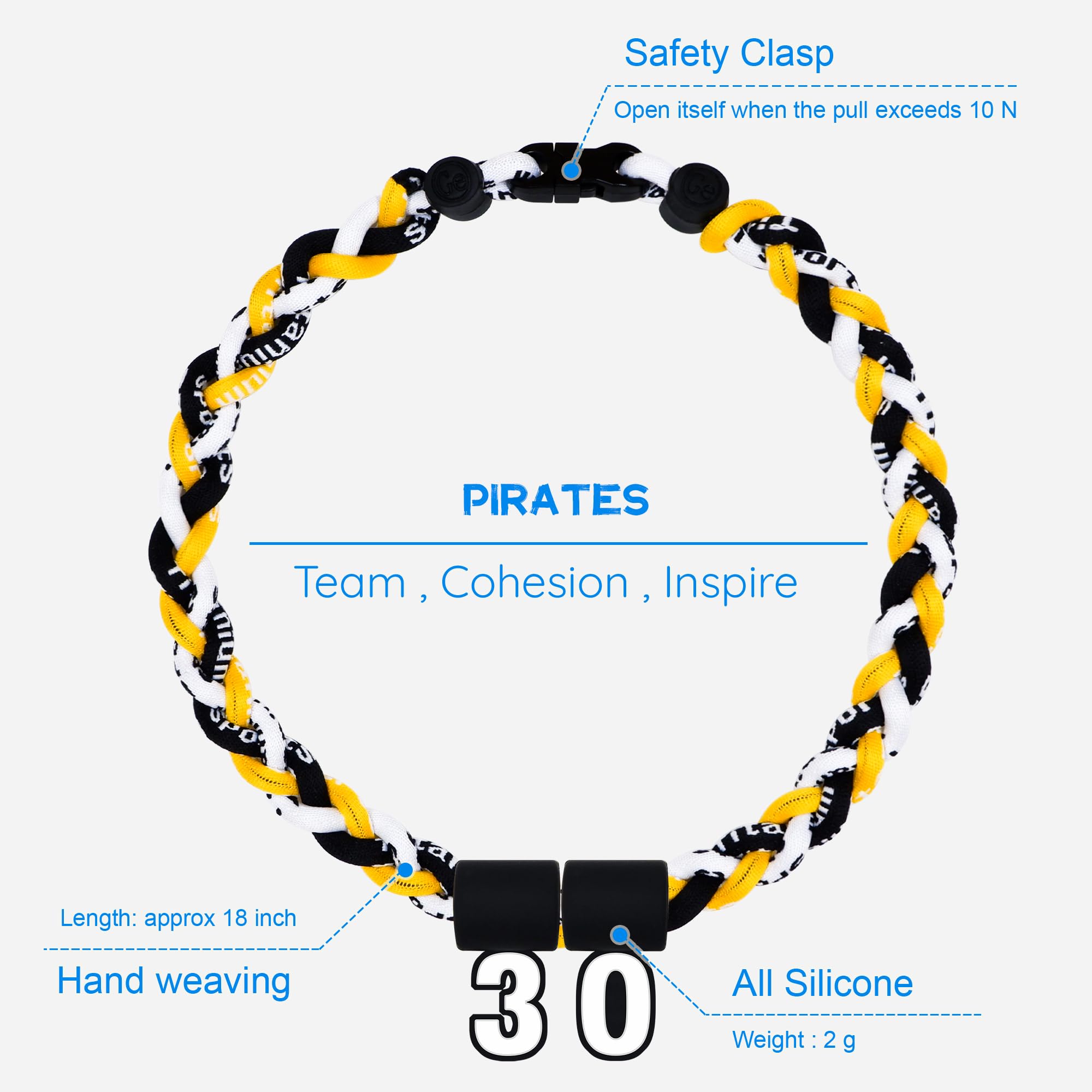 SUPBOMM Baseball Rope Necklaces, League Team Colors Braided Necklace with Number Pendant, Baseball Team Gifts, Pirates, No. 30
