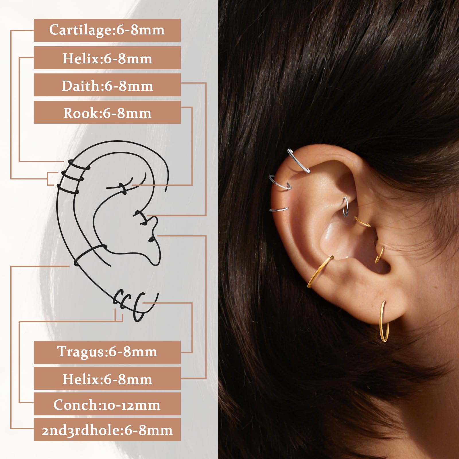 Hypoallergenic Nose Rings Hoops Set for Women Men: 8Pcs 18G Gold/Silver 316L Surgical Stainless Steel Nose Hoops Hinged Clicker