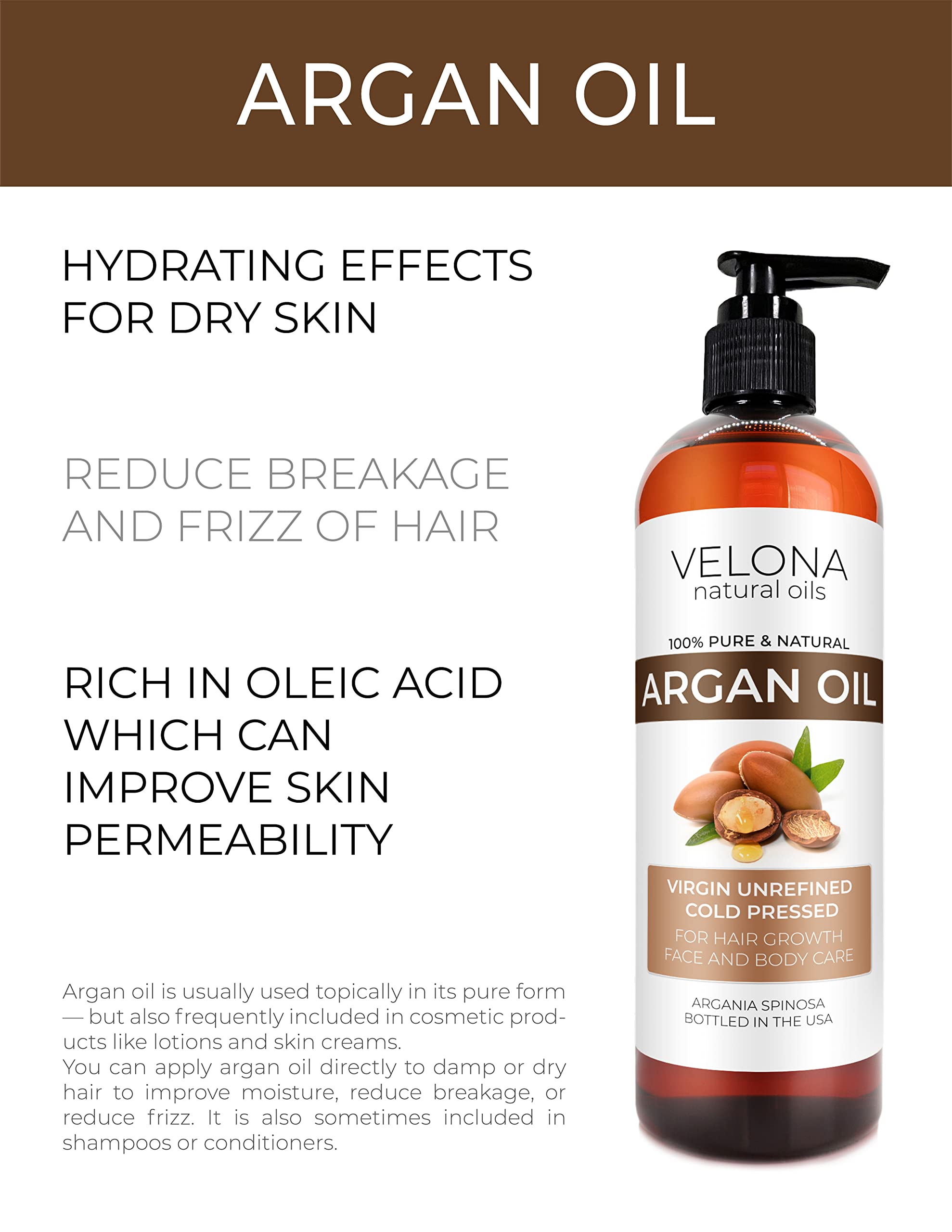 Velona Argan Oil - 16 oz, Unrefined & Cold Pressed, Stimulates Hair Growth, Skin & Nail Care, Morocco Oil