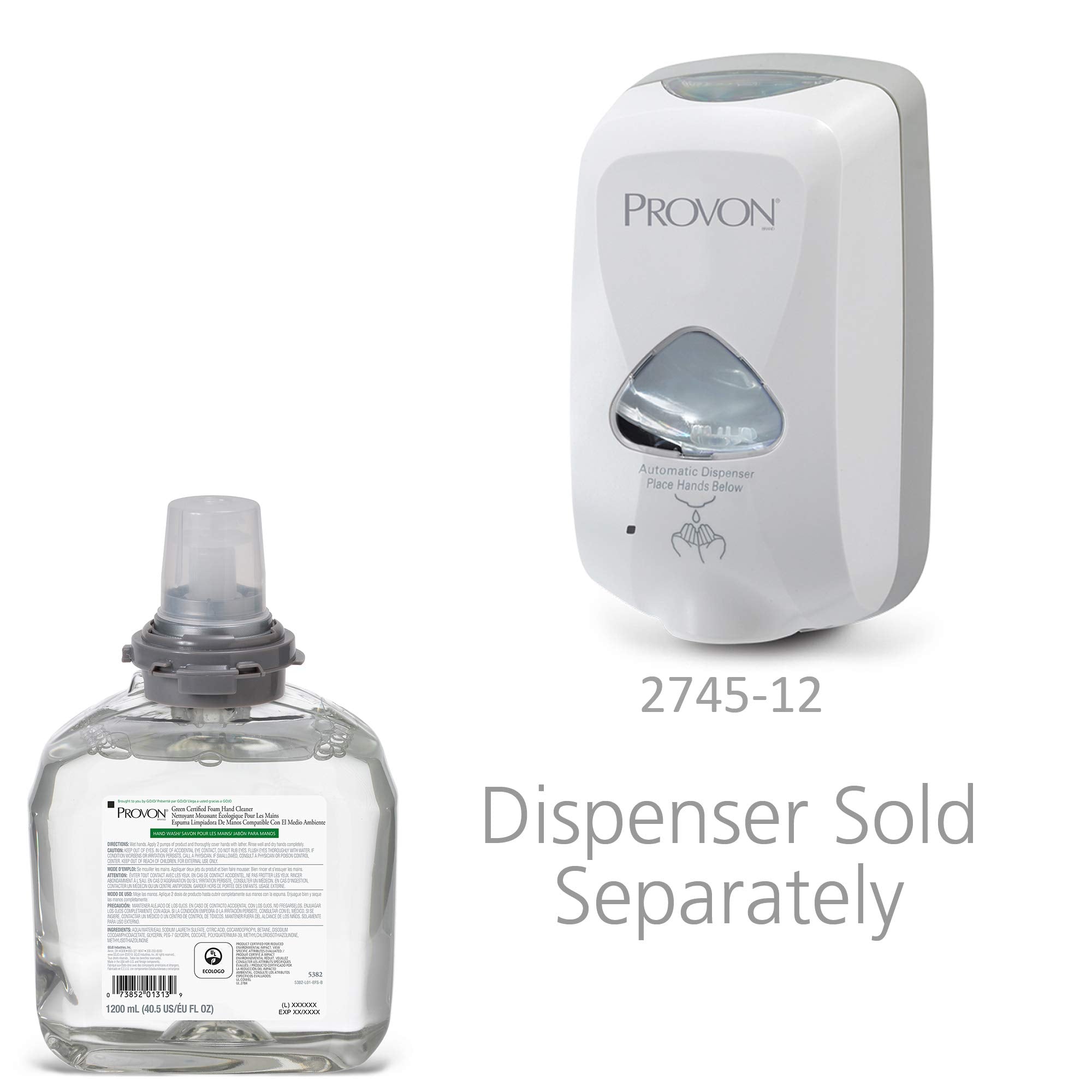 GOJO PROVON Green Certified Foam Hand Cleaner, Fragrance Free, 1200 mL Refill for PROVON TFX Touch-Free Dispenser (Pack of 2) -