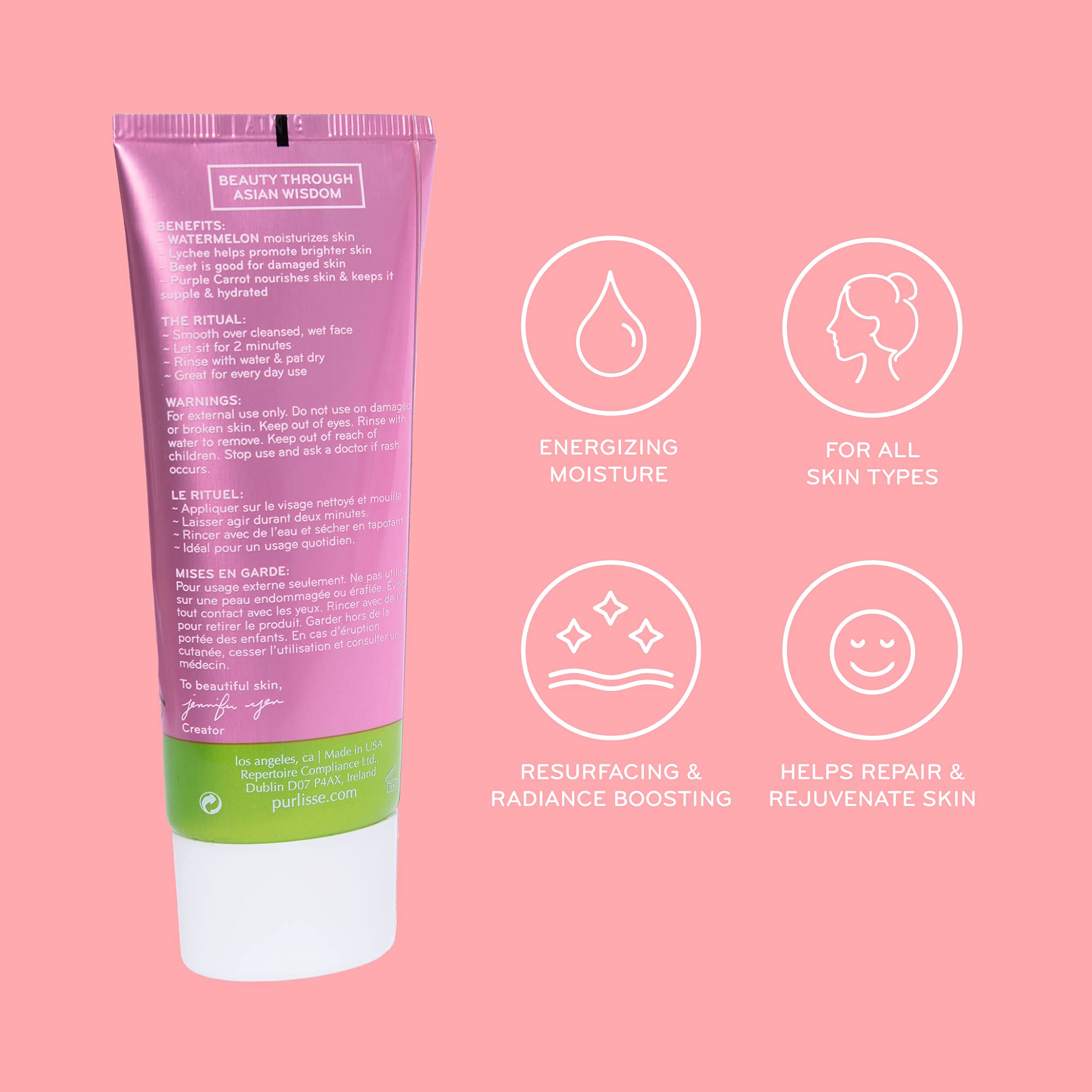 Purlisse Watermelon Energizing 2 Minute Polishing Peel: Cruelty-Free & Clean, Paraben & Sulfate-Free, Brightening & Smoothing, L