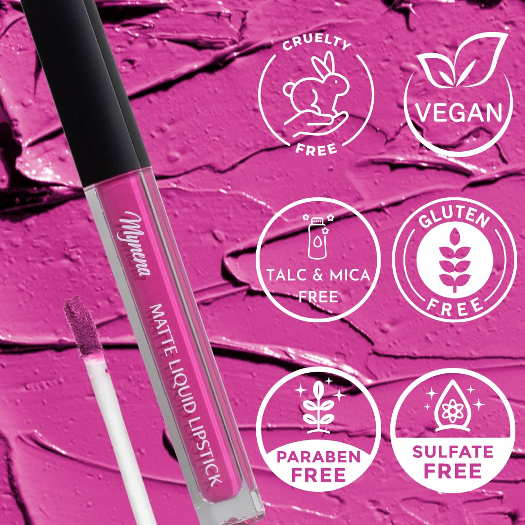 Mynena Pink Long-Lasting Matte Liquid Lipstick | Intense Color, Smudge-Proof & Waterproof | Comfortable, Hydrating Shea Butter |
