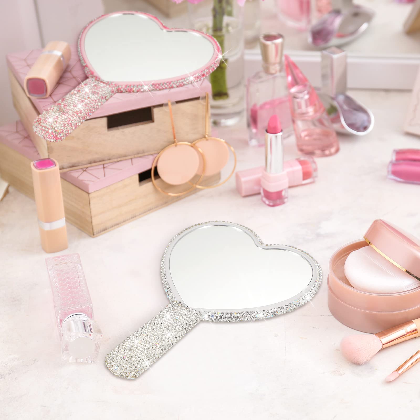 Tatuo 2 Pcs Rhinestone Mirror Handheld Bling Heart Lip Shaped Mirror Glitter Cosmetic Hand Mirror With Handle Portable Cute Trav