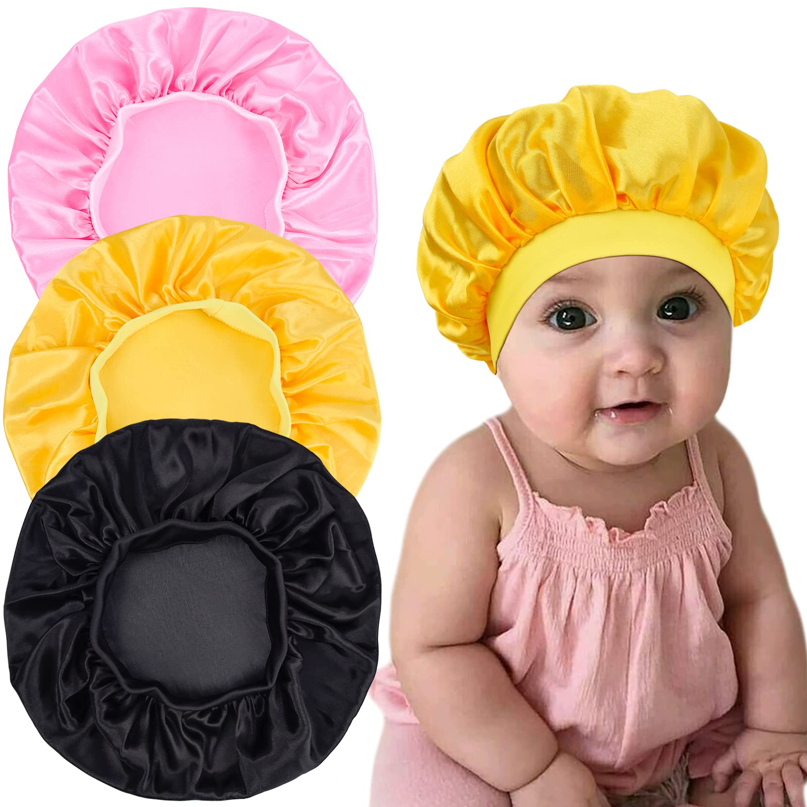3 Pieces Kids Satin Bonnet Sleeping Cap Silk Wide Band Night Hats Hair for Natural Hair Teens Toddler Child Baby