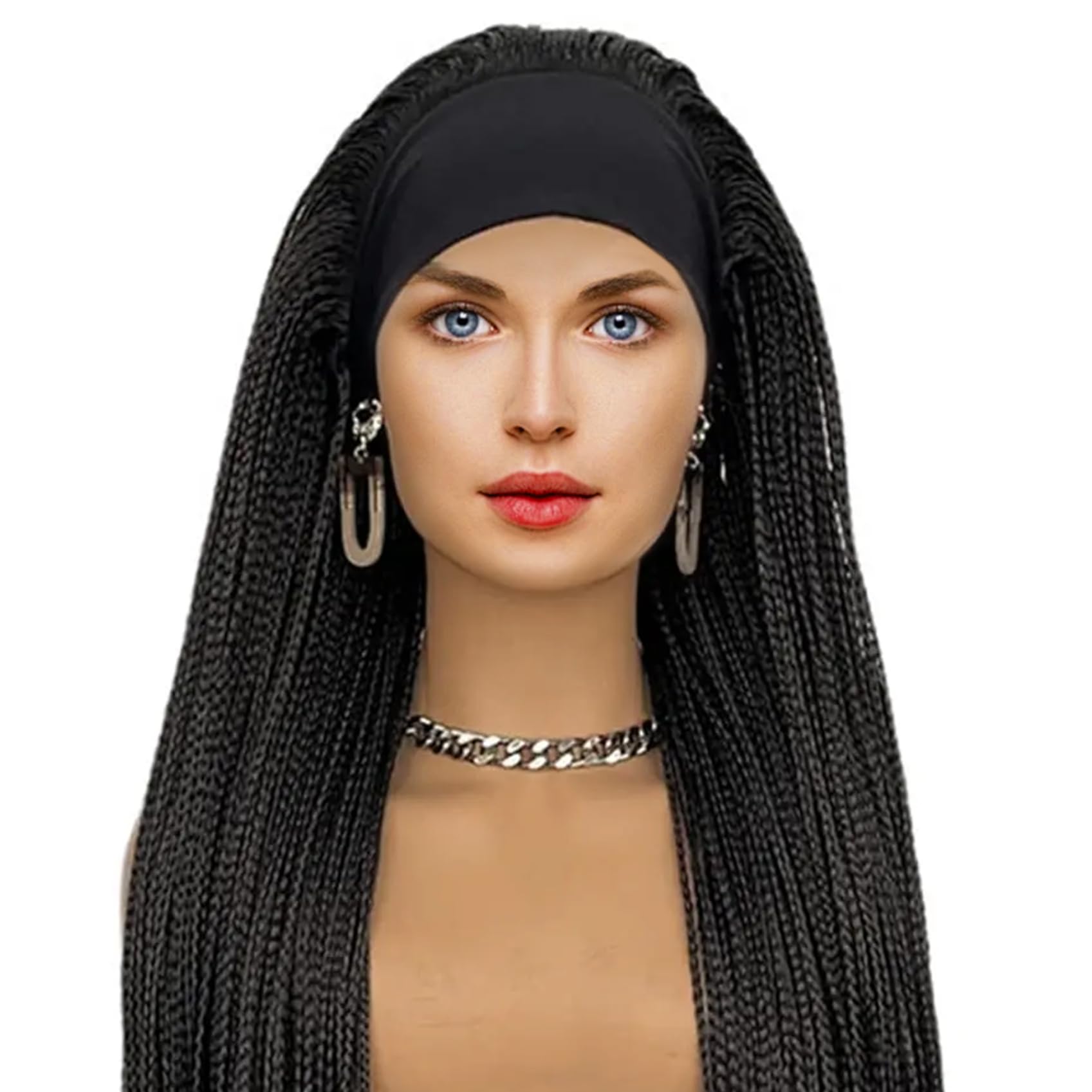 Cndiyald Braided Headband Wig, 26 Long Black Wig with Ice Silk Headband, ThreeStrand Braided Wigs for Women Daily Wear