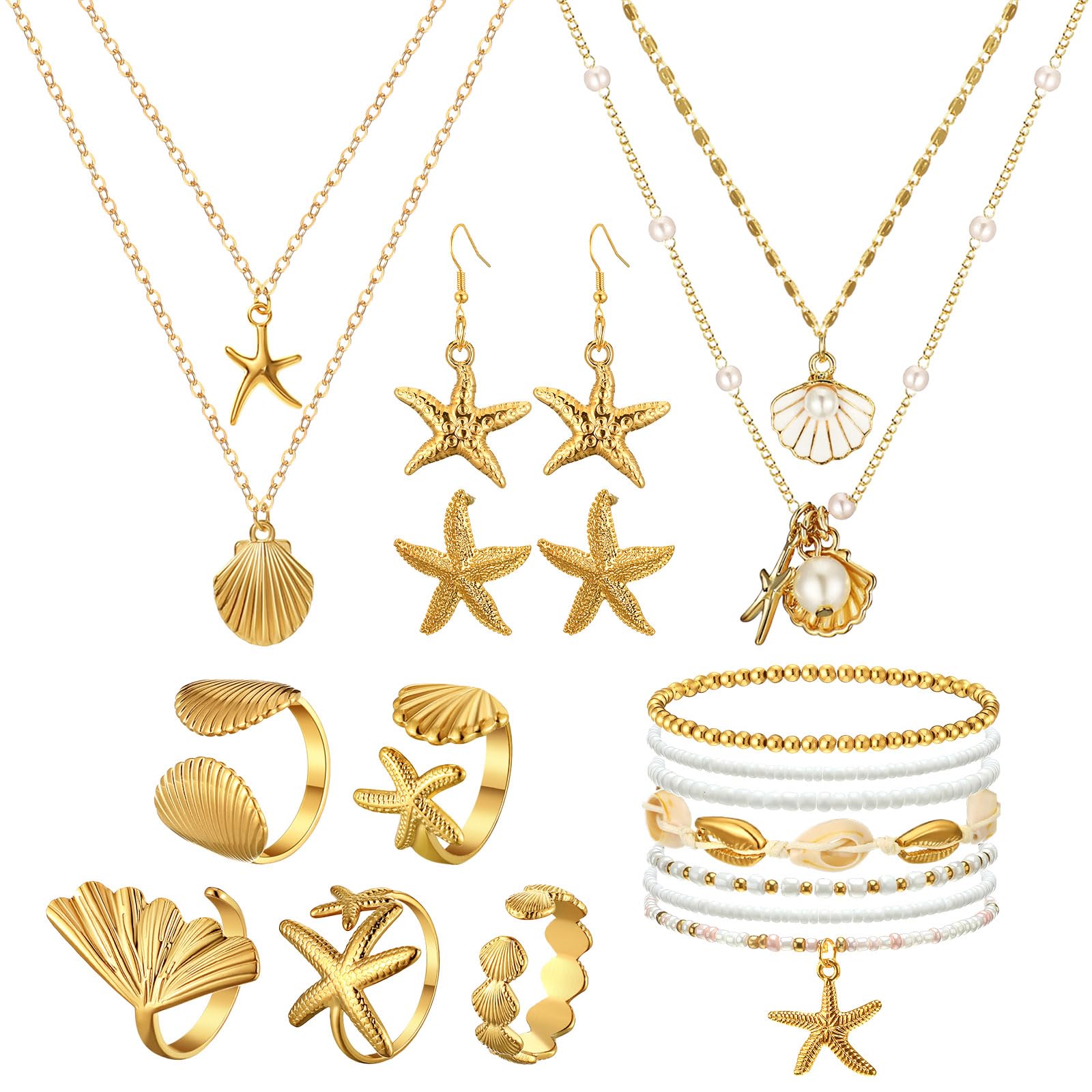 Tondiamo 16 Pcs Seashell Starfish Jewelry Set Seashell Earrings Rings Boho Layer Charm Necklace Beach Bracelets Natural White An