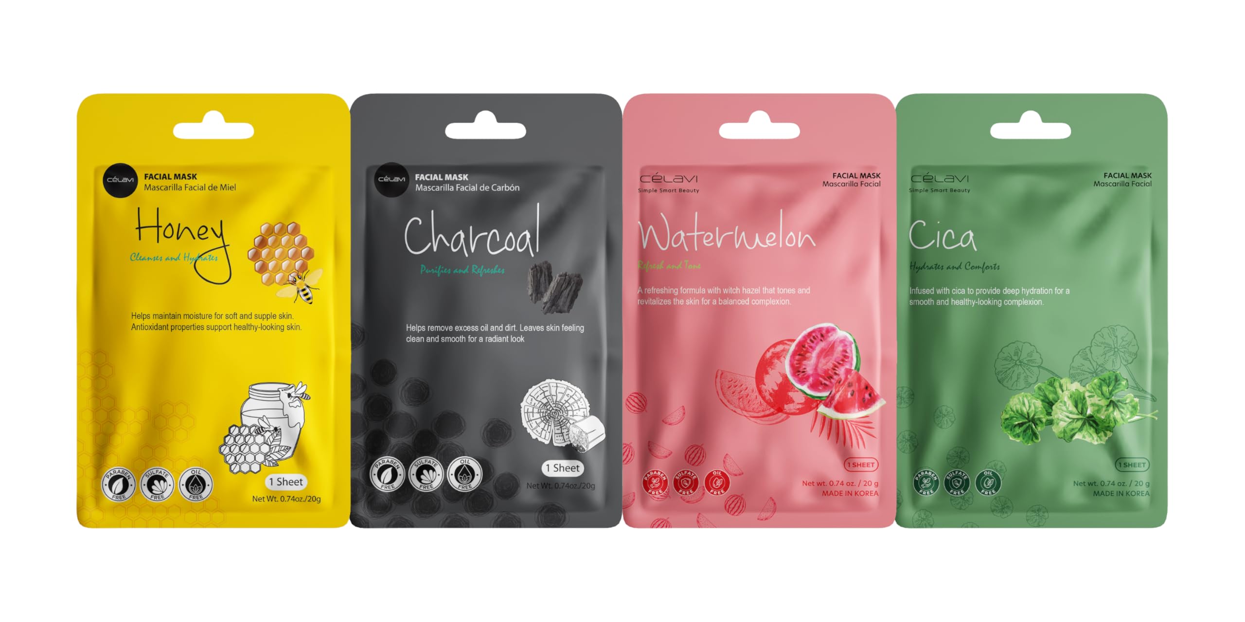 Celavi K-Beauty Skincare Essence Facial Face Mask Korea Skin Care Moisturizing B Set 24 Pack