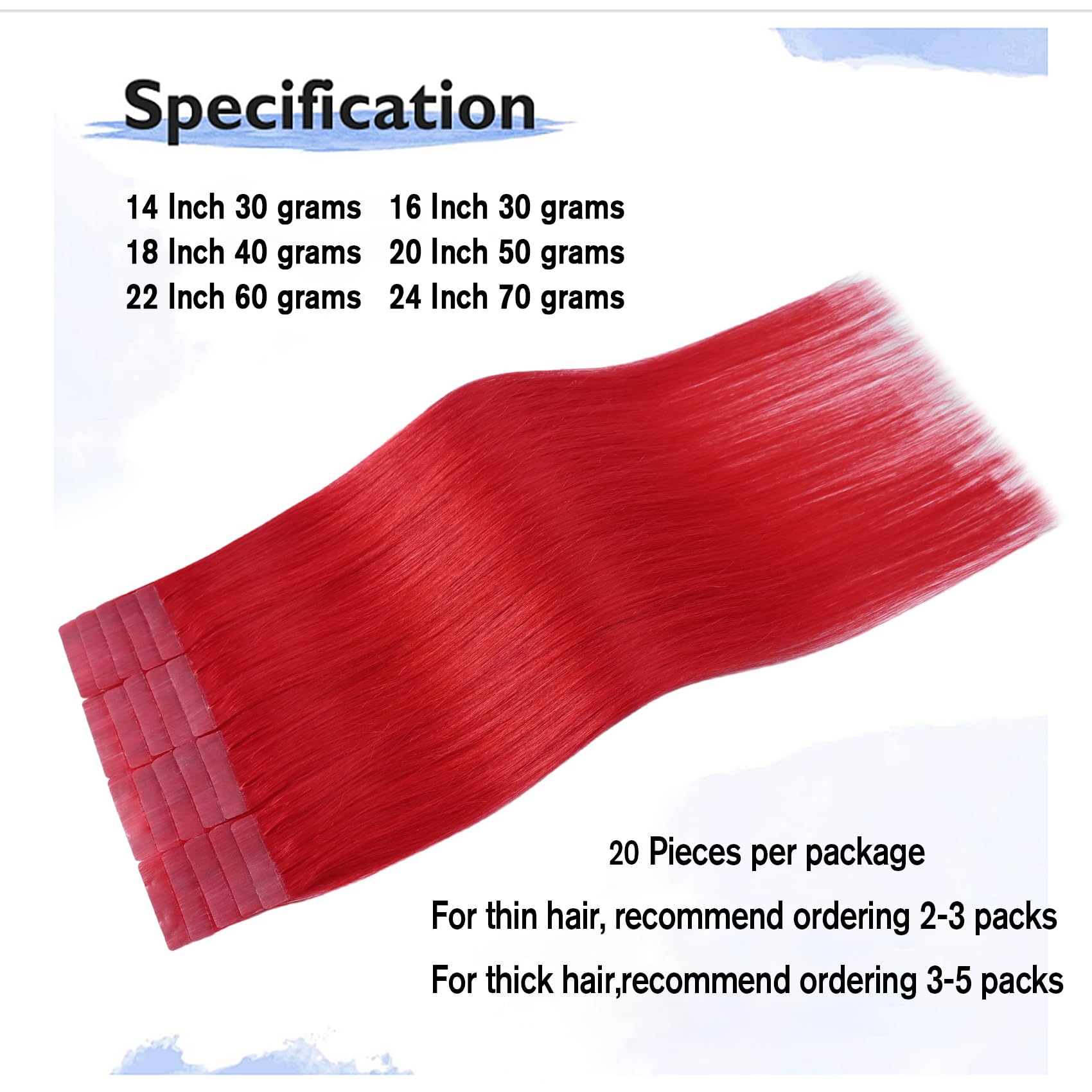 Red Tape in Hair Extensions Human Hair100% Remy Human Hair Extensions Silky Straight for Women 20 Pcs/Package 22 Inch 60G