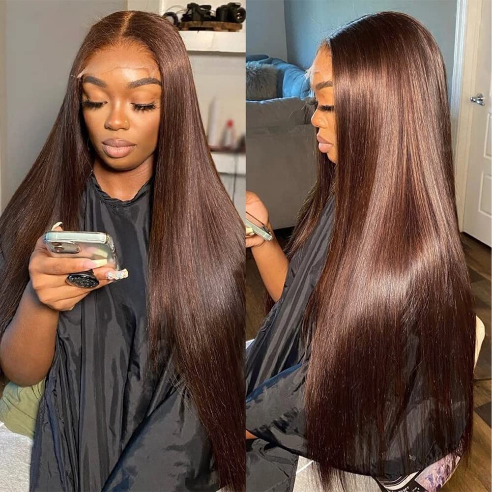 Flady Dark Brown Wig Glueless Wigs Human Hair Straight Lace Front Wigs Human Hair Pre Plucked Invisible HD Lace Wig Human Hair F