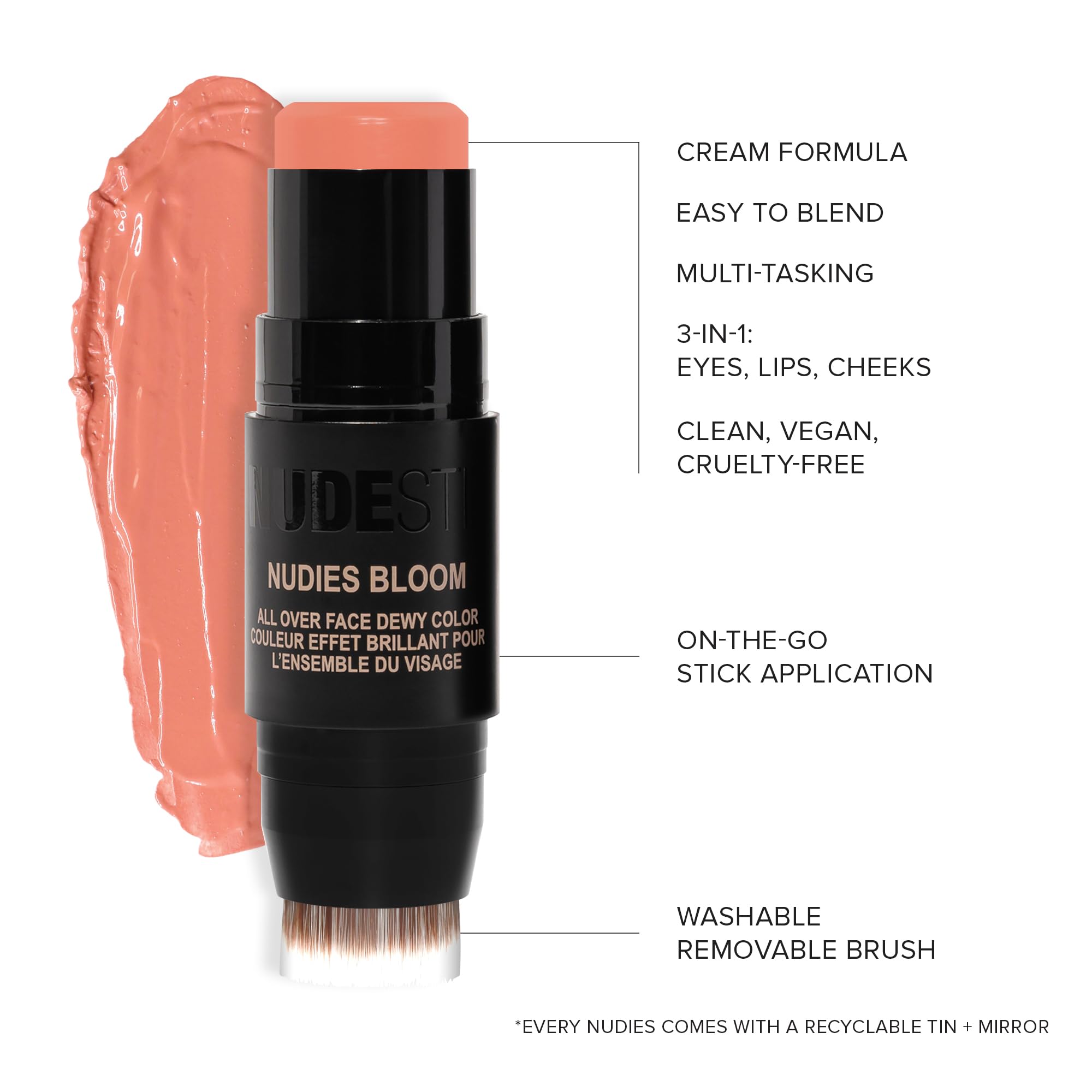 Nudestix Nudies Bloom Dewy and Radiant Cream Blush 3-in-1 All Over Face Colour For Cheeks, Eyes and Lips w/Blending Brush (Sweet