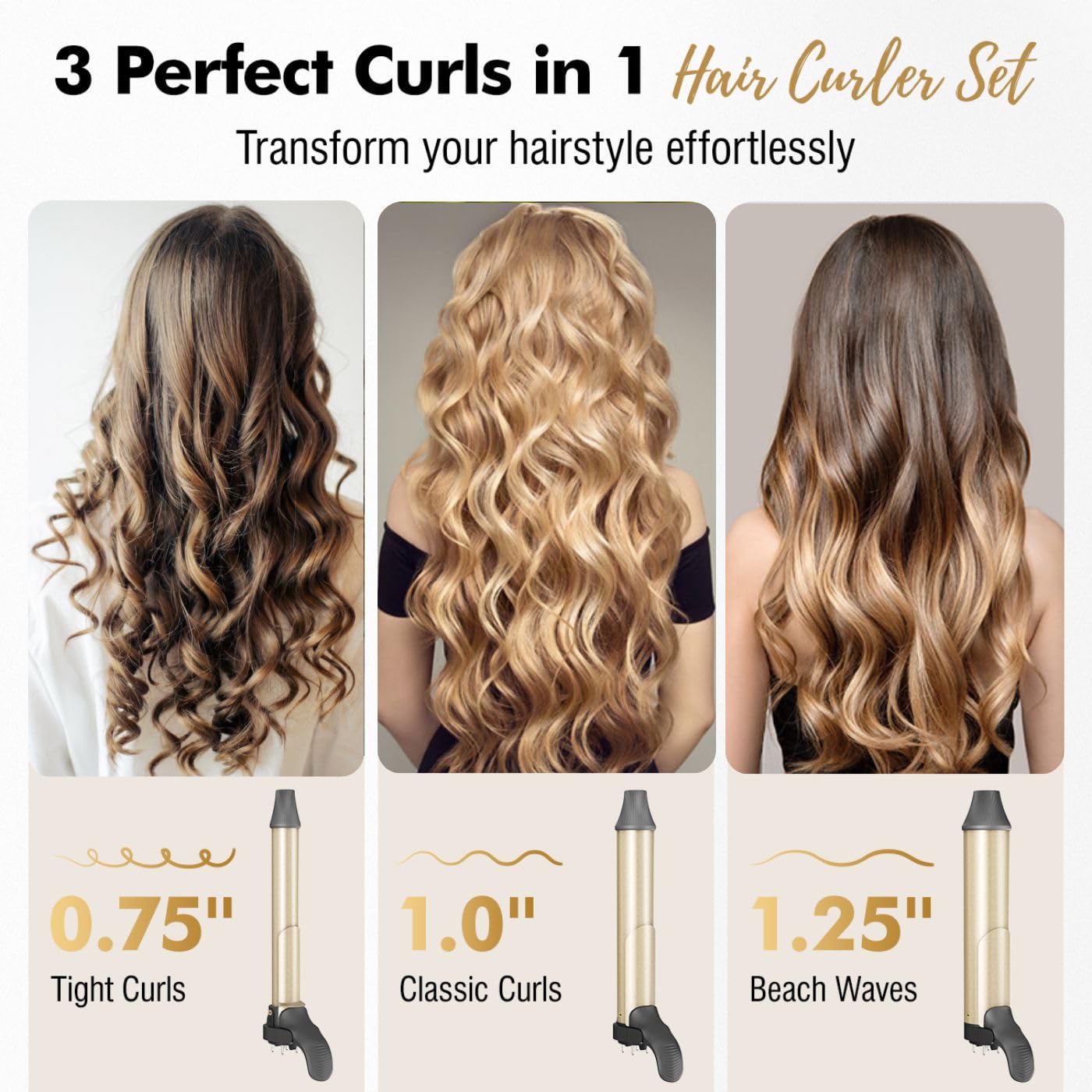 Rotating Curling Iron, 3 in 1 Automatic Curling Iron Set with Interchangeable Barrel 3/4, 1, 1 1/4 Inch, Instant Heat Dual Volta