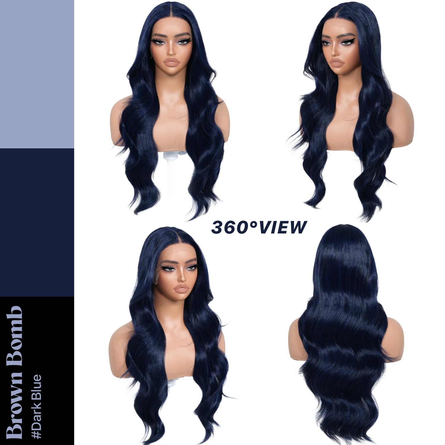 Brownbomb Dark Blue Synthetic Lace Front Wigs Body Wave Glueless Wigs With Bangs Pre Plucked Pre Cut Hd Lace 13X5X1 Middle Part