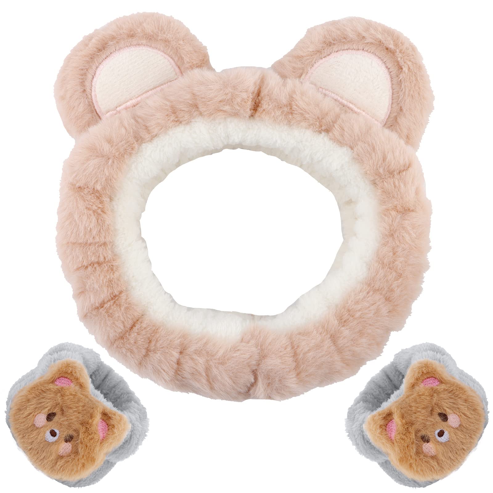 WHAVEL Hairband 3Pcs, Spa Headband and Wristband Set with Cute Bear Ears, Face Wash Headband Facial Headband Wrist Bands for Wom