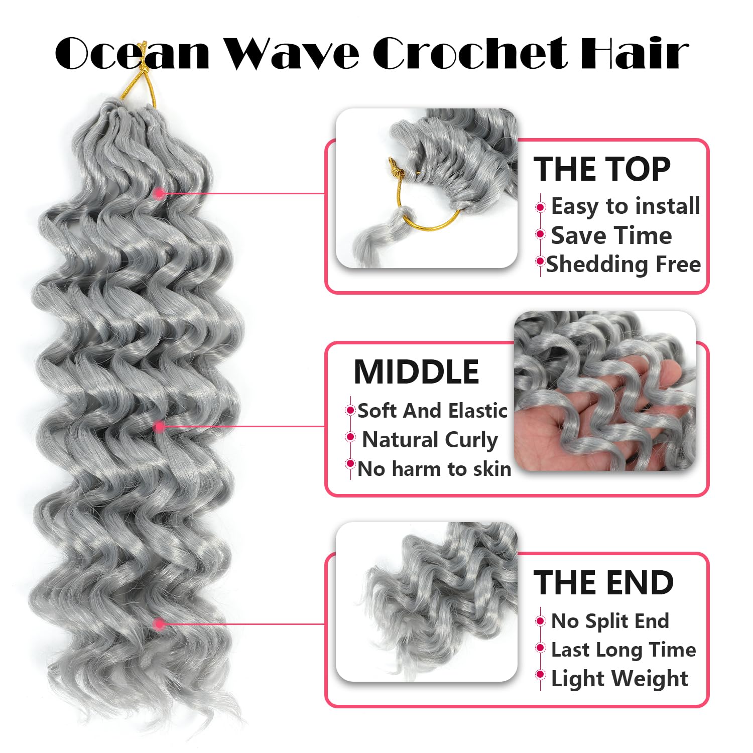 Ocean Wave Crochet Hair 12 Inch 8 Packs Deep Wave Crochet Hair Synthetic Curly Crochet Braiding Hair (12 Inch, 8 Packs, Grey)