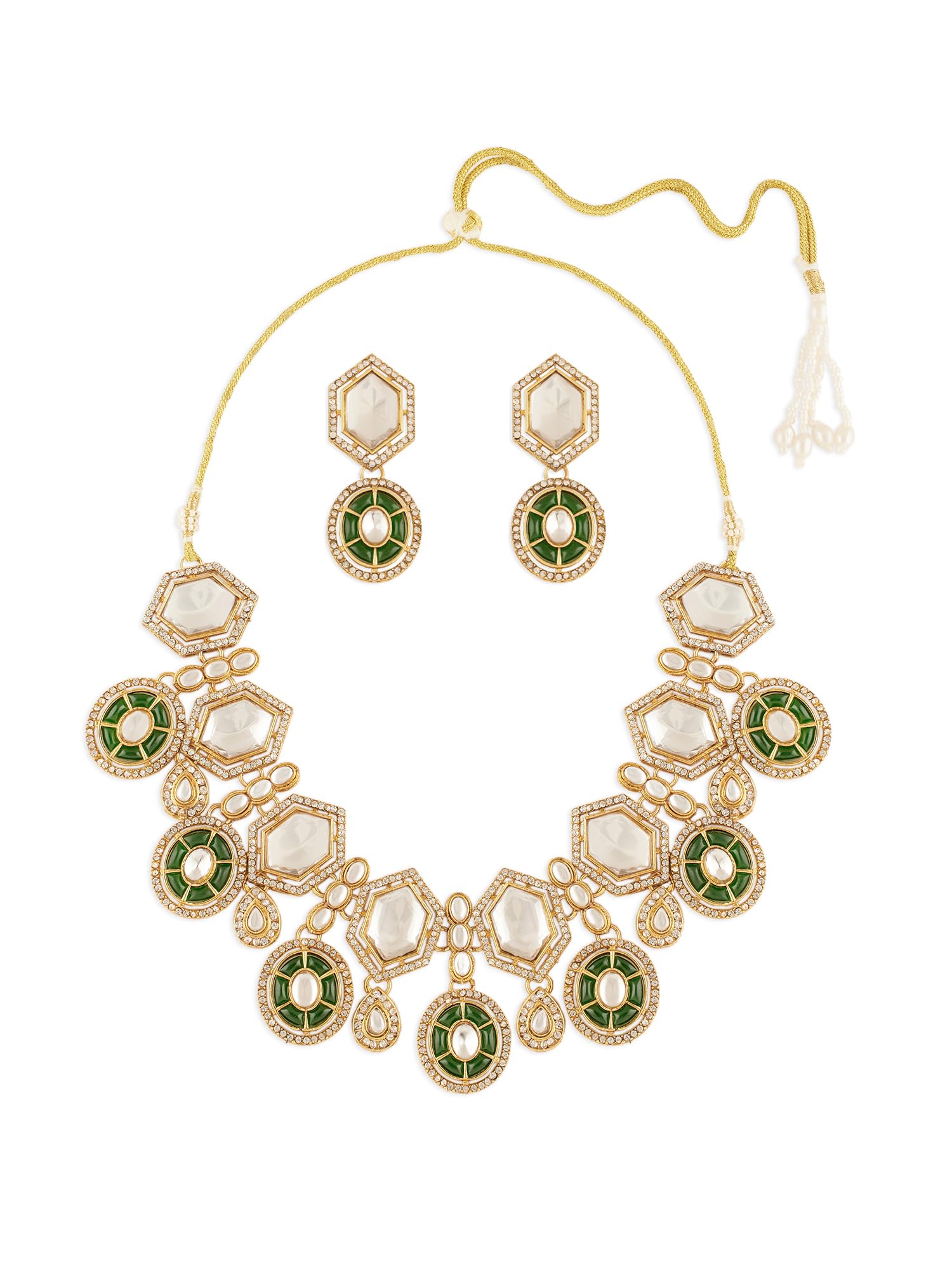 Zaveri Pearls Green Stones Dazzling Austrian Diamonds Traditional Necklace & Earring Set For WomenZpfk21488