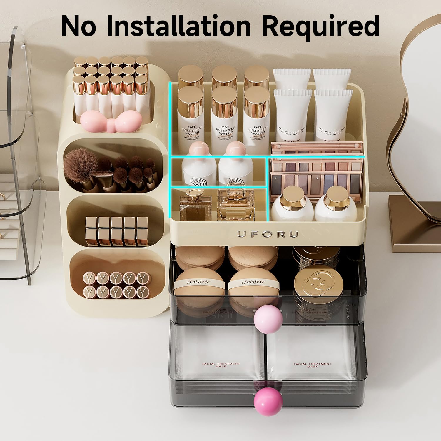UFORU Makeup Organizer for Vanity with Brush Holder, Countertop Organizer with 2 Drawers, Spacious Cosmetic Display Case for Bea