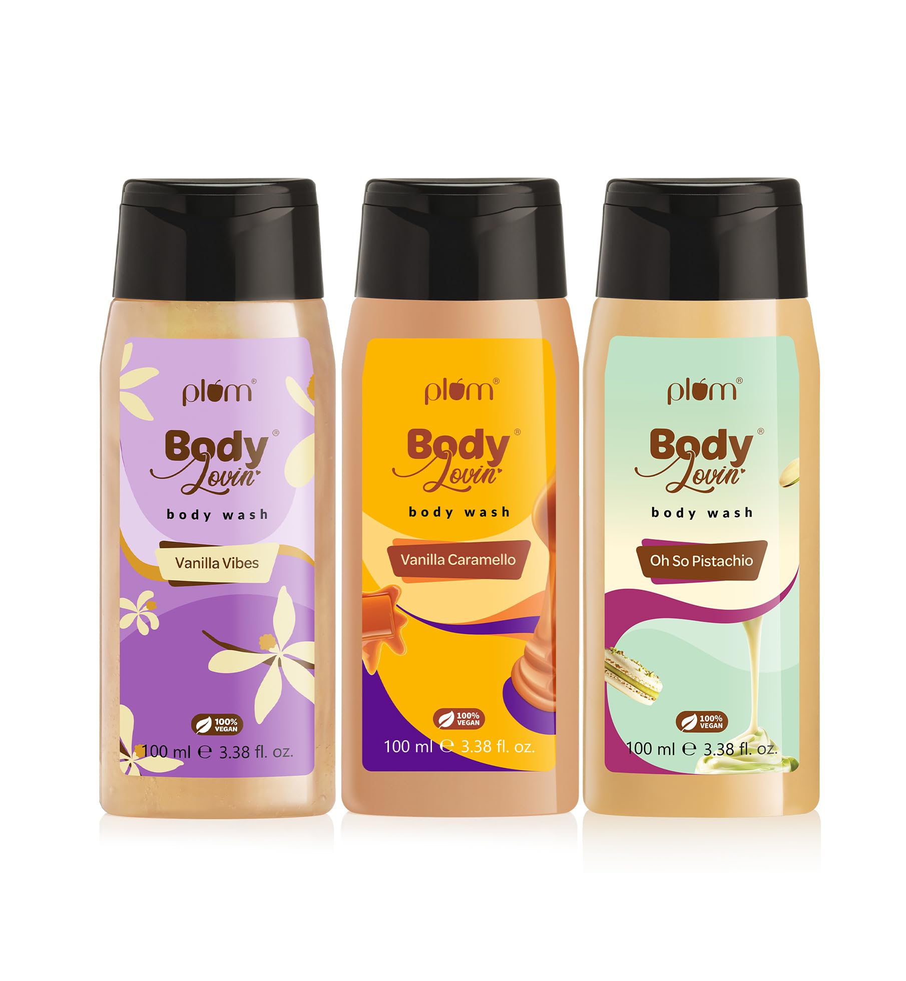 Plum Bodylovin Bakery Trio | Vanilla Vibes, Vanilla Caramello & Oh So Pistachio | SlsFree Creamy Body Wash | AloeInfused | 100