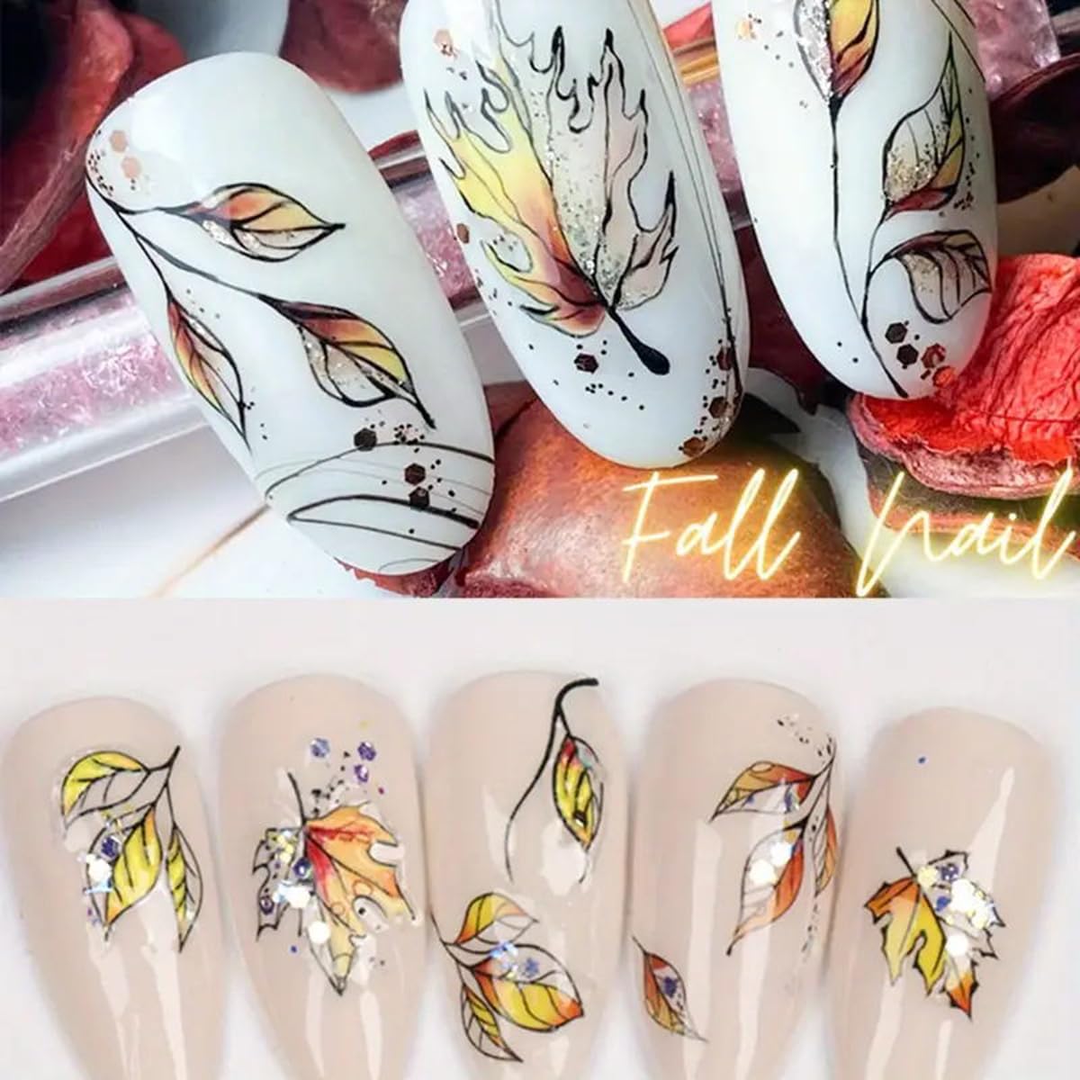 Autumn Maple Leaf Nail Art Stickers Fall Leaf Nail Decals 6Pcs Leaf Plant 3D Self-Adhesive Nail Art Supplies Decals Fall Sticker