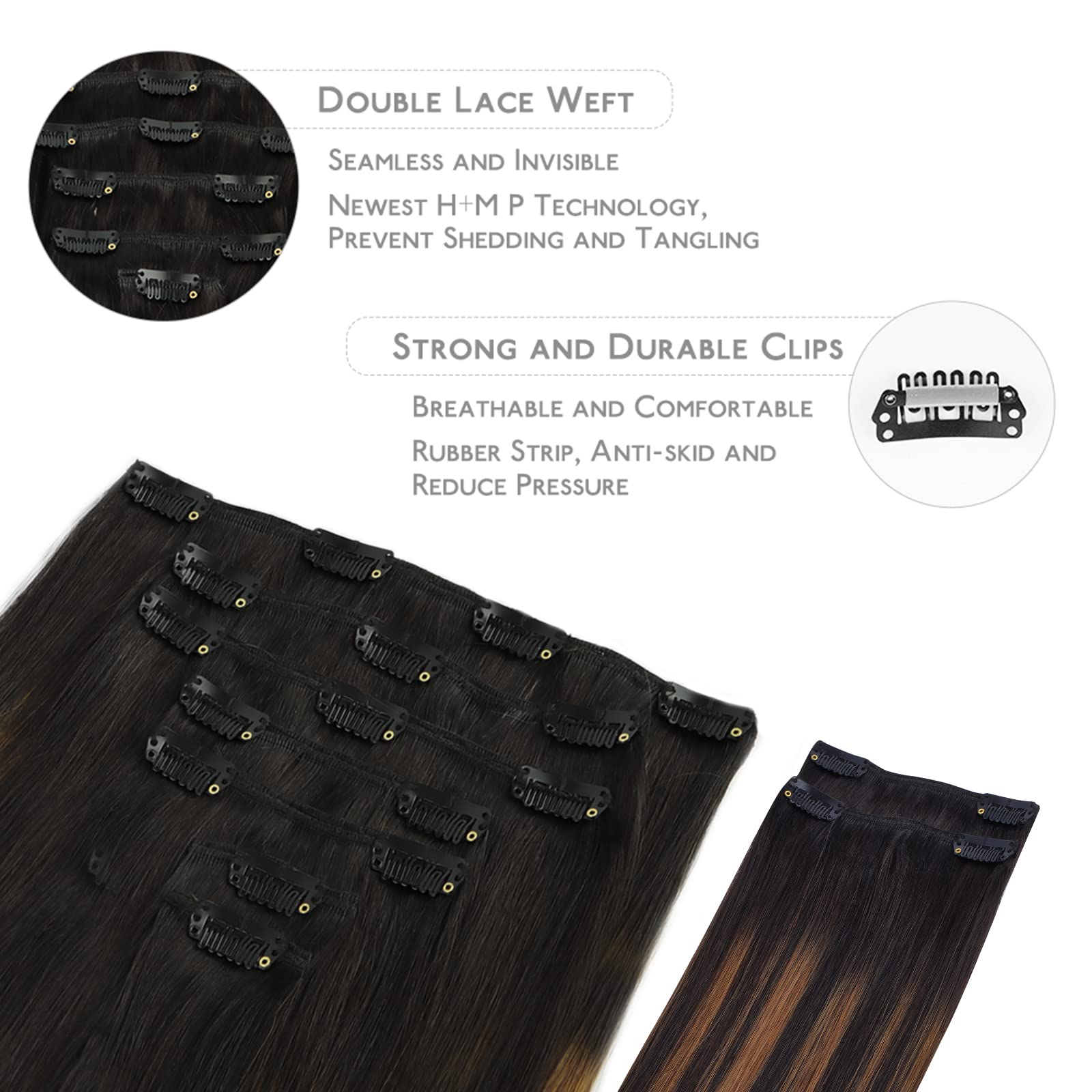 Wennalife Clip In Hair Extensions, 150G 14 Inch 9Pcs Balayage Natural Black To Chestnut Brown Human Hair Extensions Thicker Clip