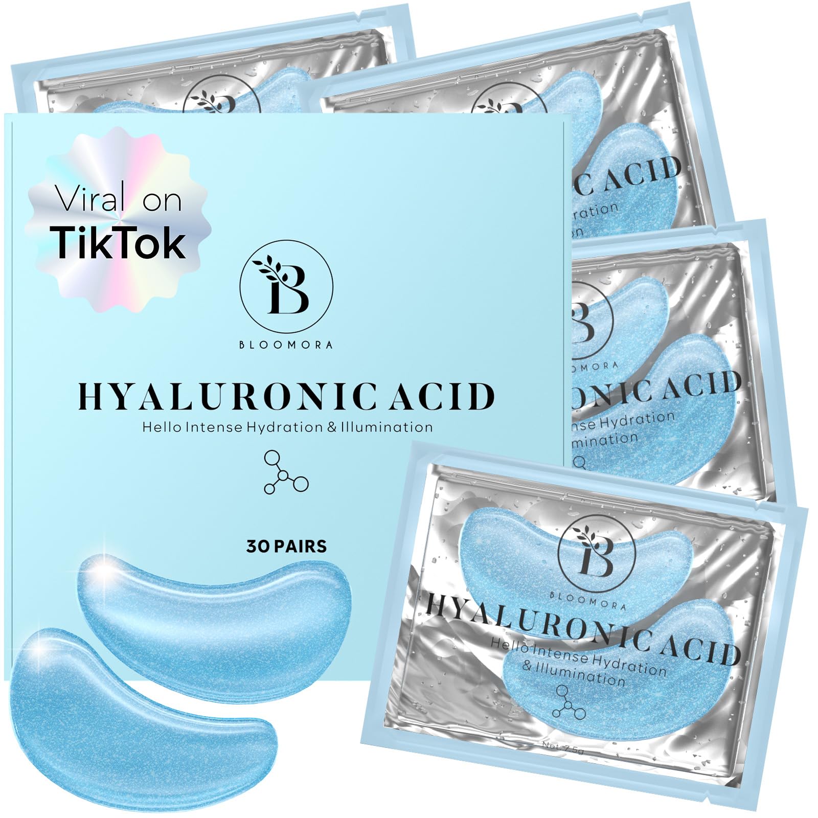 BLOOMORA Hyaluronic Acid Eye Patches(30 Pairs) Under Eye Patches for Dark Circles, Under Eye Patches for Puffy Eyes and Dark Cir