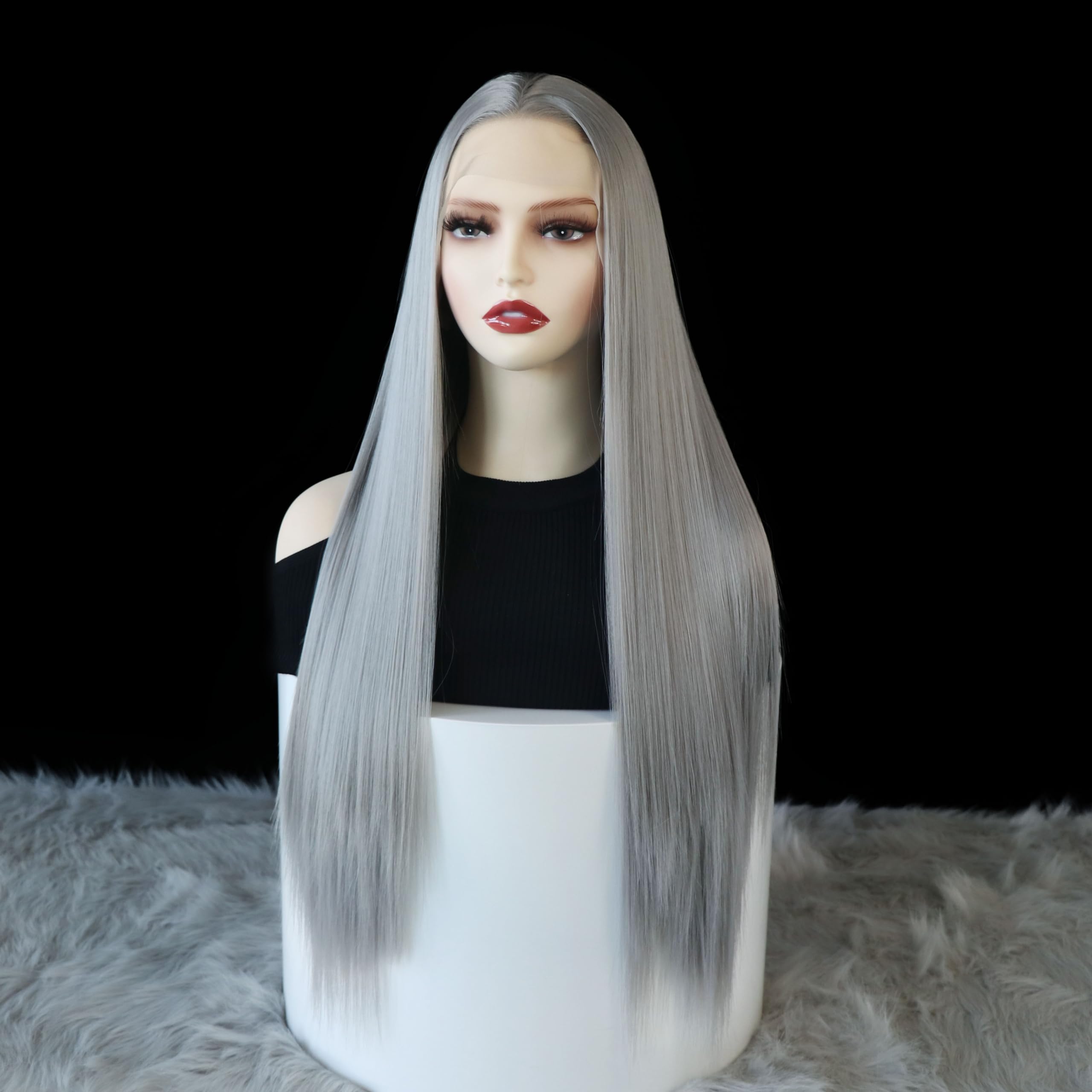 Wxhwcx Grey Synthetic Lace Front Wig Straight Free Part Heat Resistant Fiber Hair Glueless Lace Wigs For Women Natural Hairline