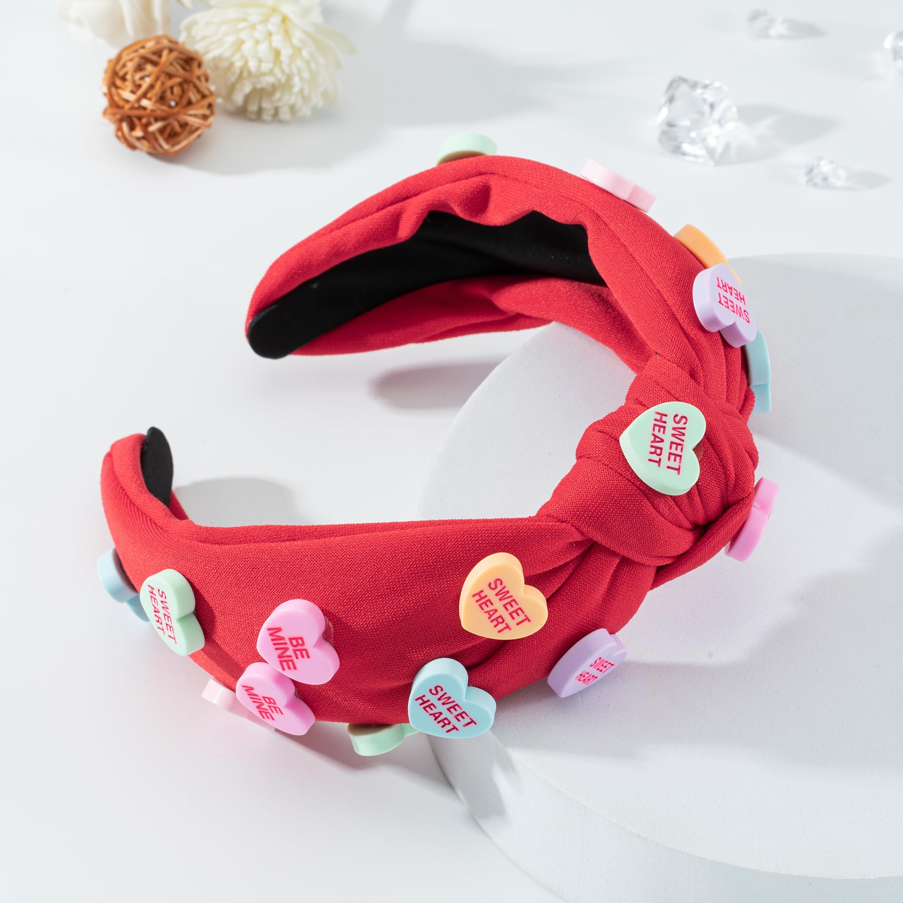 Valentine'S Day Heart Candy Embellished Red Headband Conversation Love Heart Charm Knotted Headband Non Slip Wide Top Knot Fashi
