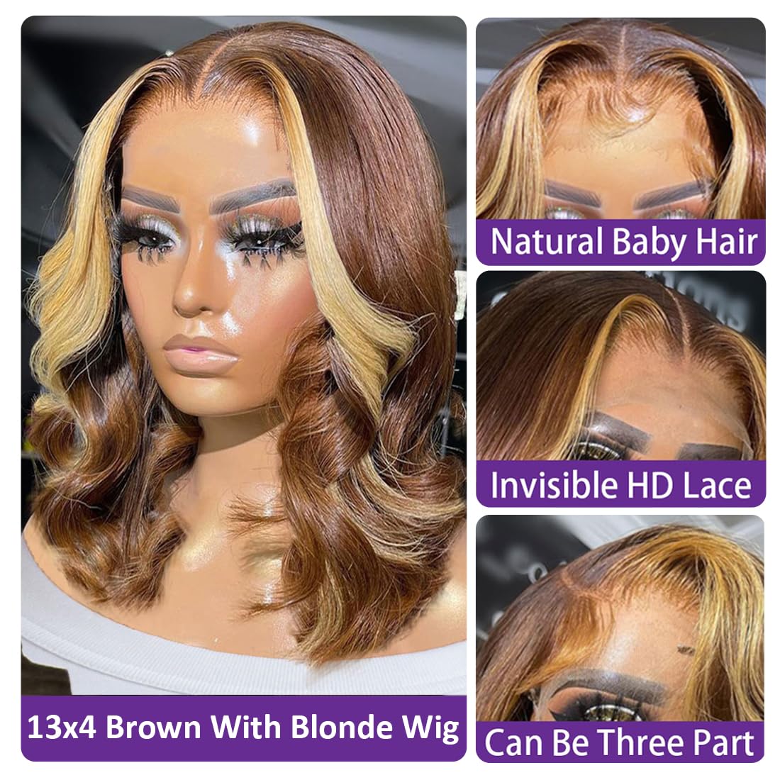 Brown With Blonde Highlight Bob Lace Front Wigs Human Hair 13X4 Hd 180% Density Glueless Body Wave Bob Wig Human Hair Pre Plucke
