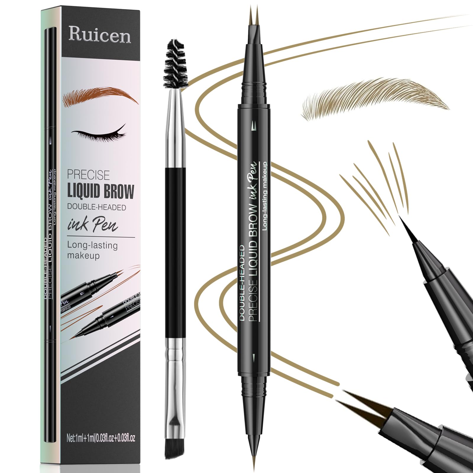 Eyebrow Pen - Eyebrow Pencil, Brow Pencil 2-in-1 Dual-Ended Microblading Eyebrow Pen with Micro-Fork-Tip and Precise Brush-Tip C