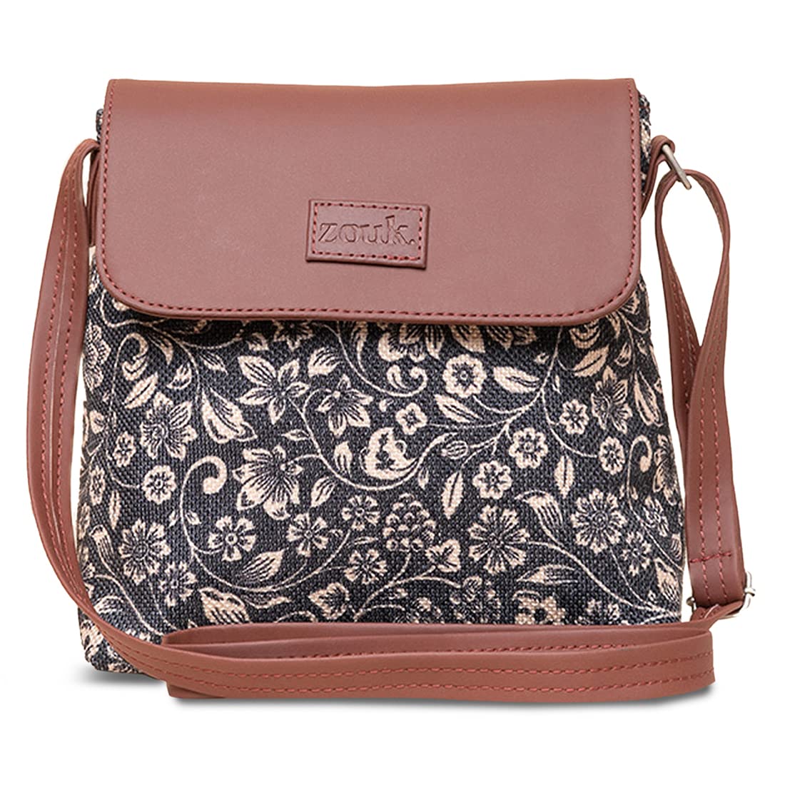 ZOUK FloMotif Floral Printed Womens Hand Crafted Vegan Leather Black Flap Sling Bag