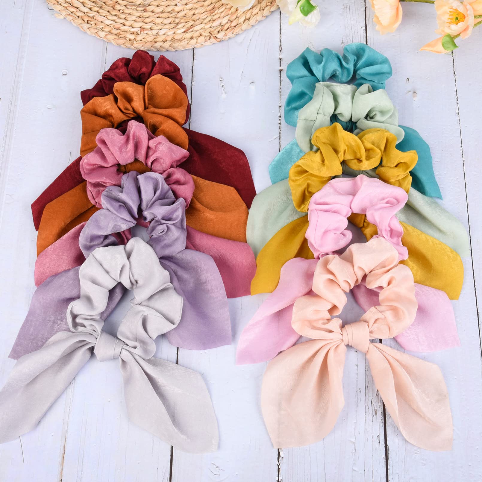 14 PCS Bow Hair Scrunchies Bunny Ears Silk Scrunchies Hair Ties Bobbles Elastic Hair Ties Ropes Ponytail Holder Hair Accessories
