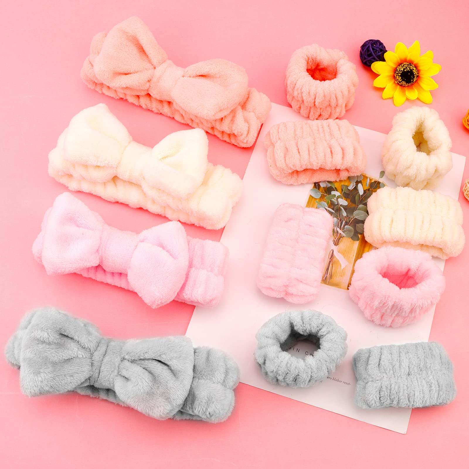 12Pcs Microfiber Makeup Headbands And Wristbands Set For Women & Girls - Soft Elastic Bow Headbands With Highly Absorbent Wristb