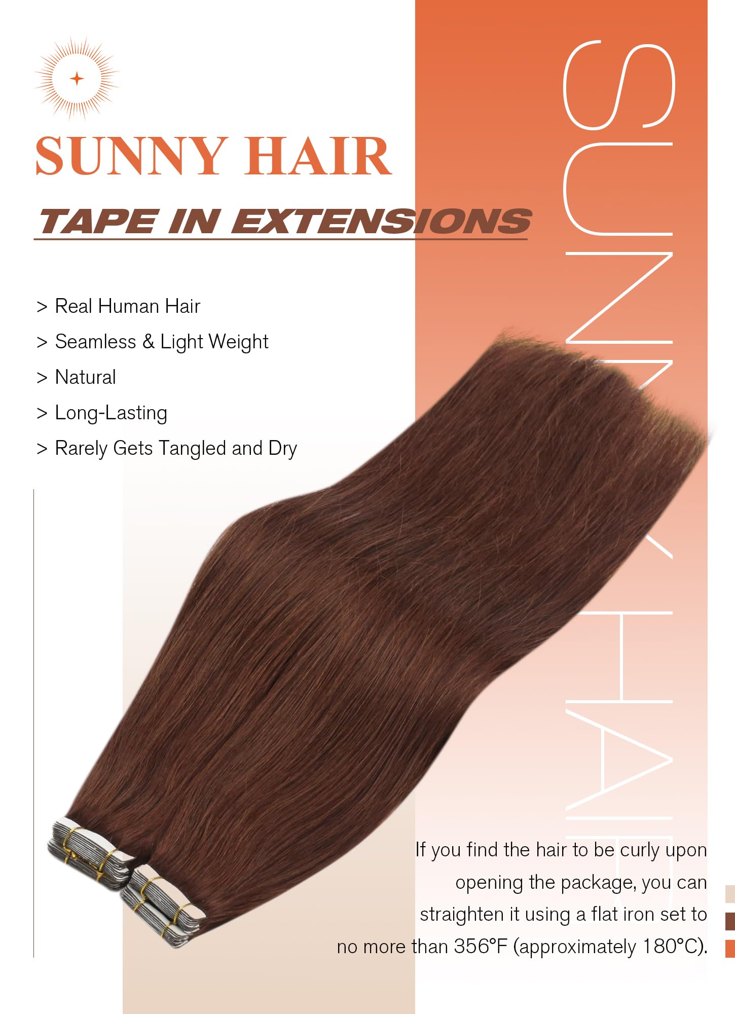 Sunny Hair Tape in Hair Extensions Real Human Hair Invisible Remy Hair Extensions Tape ins for Women Auburn Brown 20 inch 20Pcs