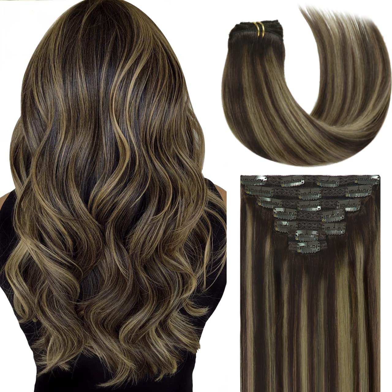 Lacer New Version Thick Hair Extensions Clip in Human Hair Silky Straight Dark Brown to Medium Brown Highlight Dark Brown R#2-2/