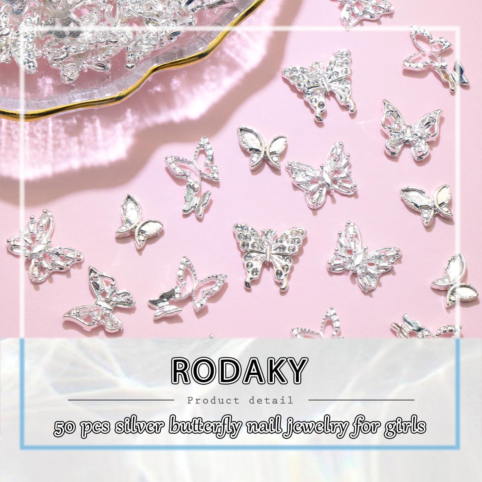 Rodaky 50Pcs Silver Butterfly Nail Charms 3D Butterflies Charms For Nails Metal Butterfly Nail Jewelry Shiny Nail Gems For Manic