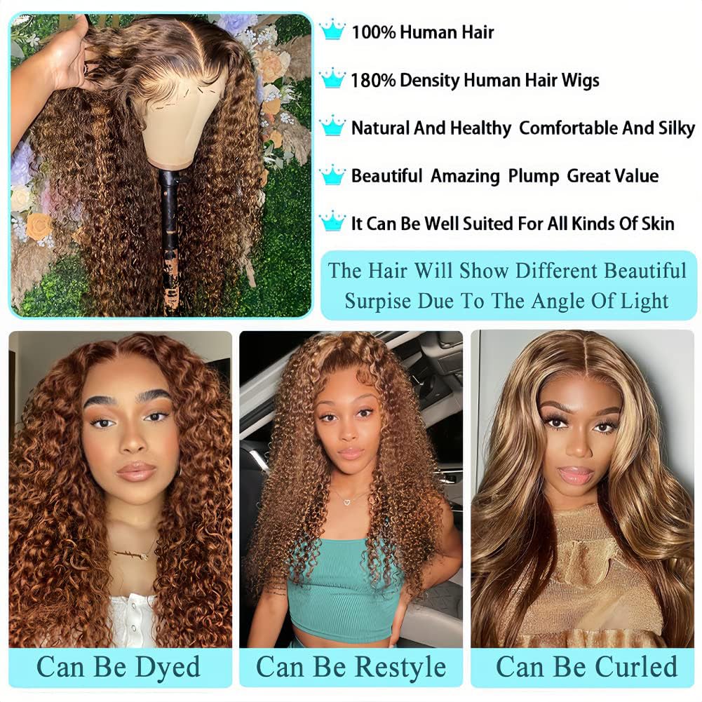 30-Inch Highlight Lace Front Wigs Human Hair 180% Density Deep Curly Ombre Honey Blonde 4/27 13X6 Hd Transparent Lace Front Wig