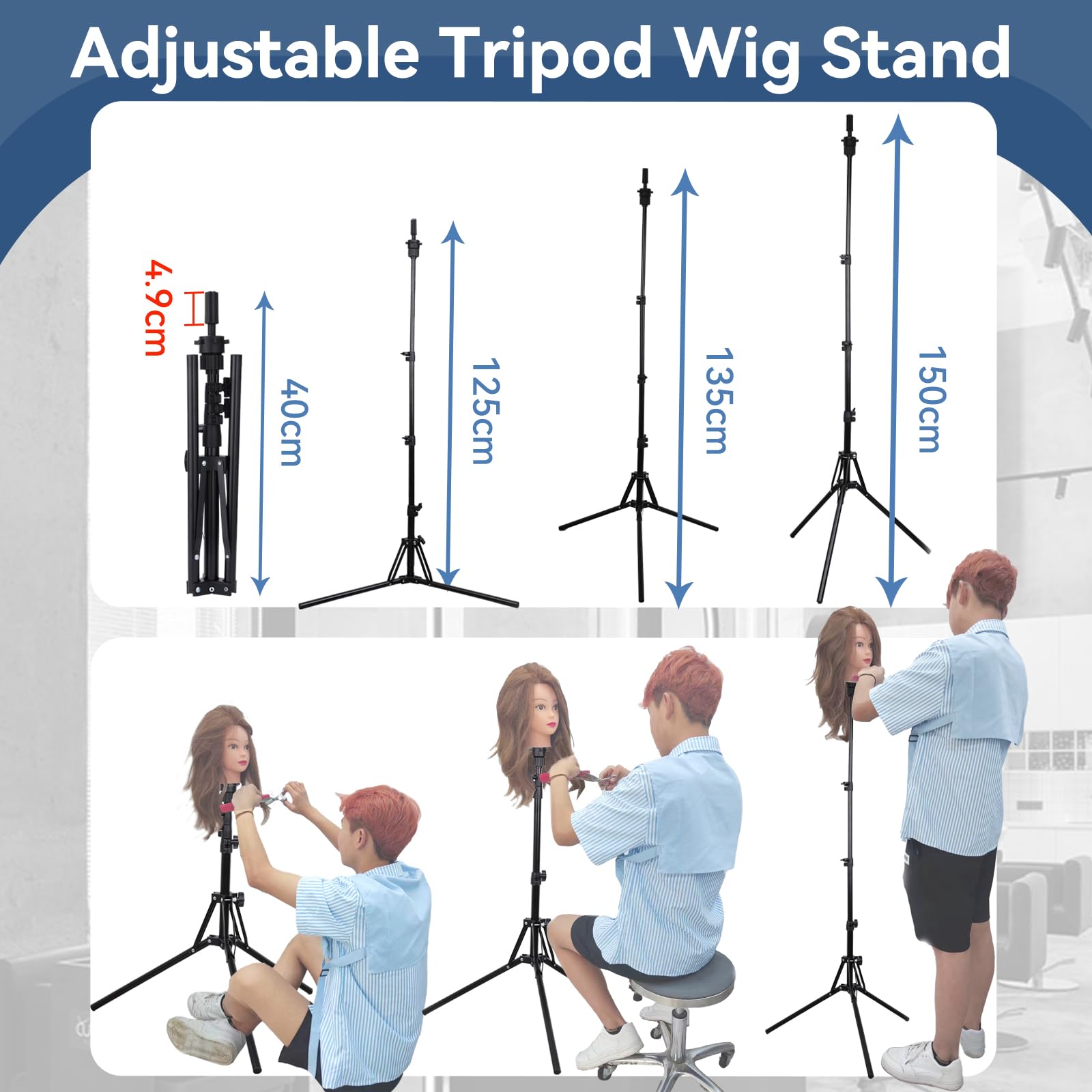 Obeoby Adjustable Wig Stand Tripod, Mannequin Head Stand For Cosmetology Hairdressing Foldable Wig Head Stand With T-Pins, C-Pin