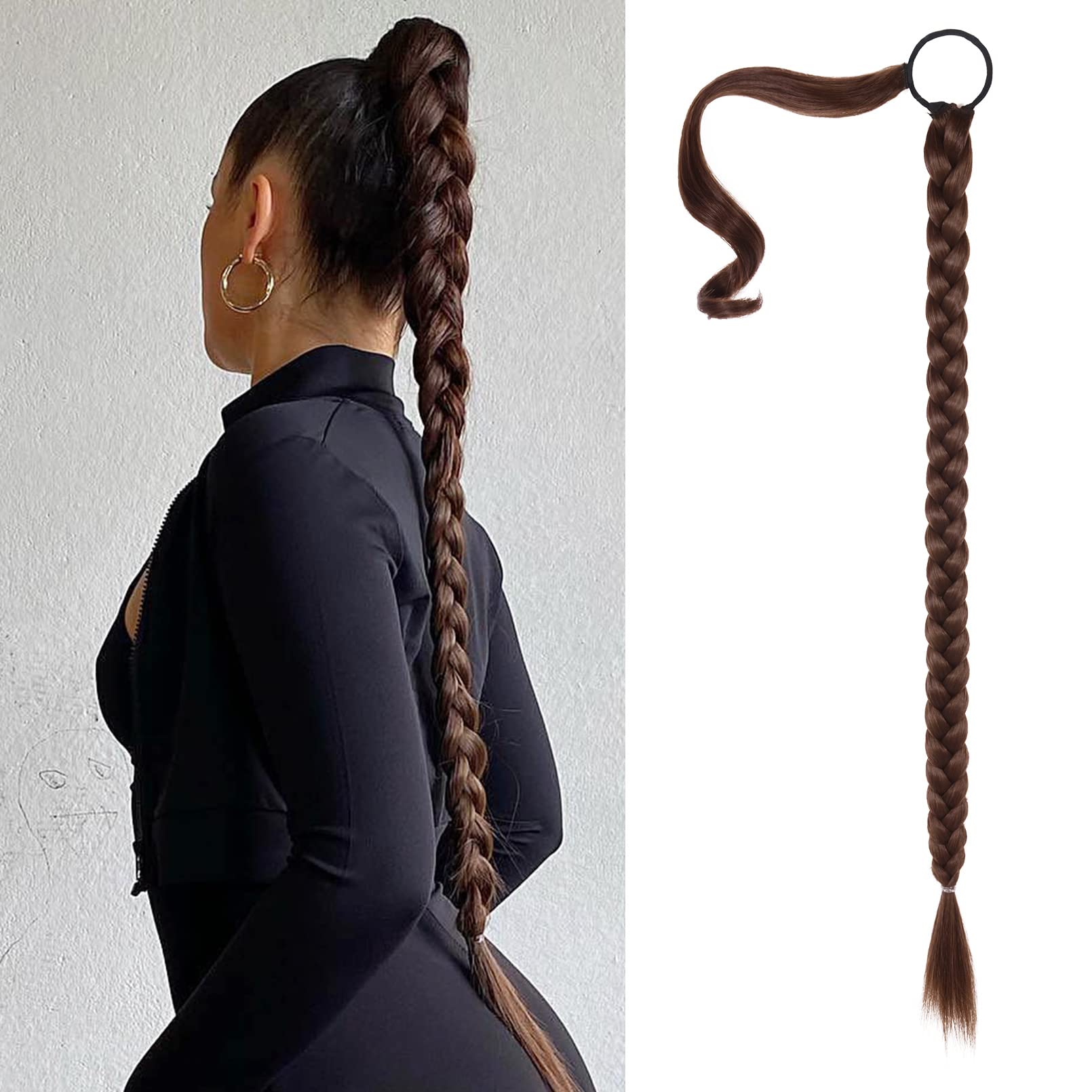 SEIKEA Upgraded Long Braid Ponytail Extension with Elastic Tie Straight Sleek Wrap Around Braid Hair Extensions Ponytail Medium 