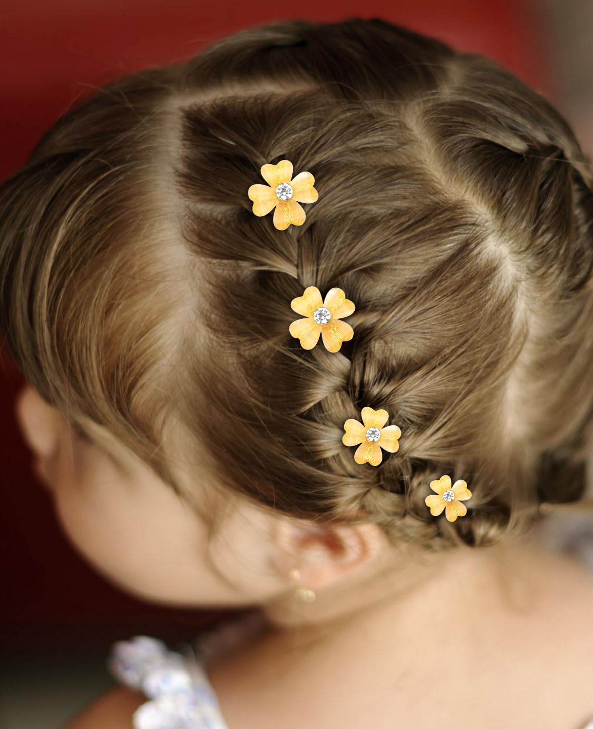 Wecoe 20 Pcs Small Yellow Flower Hair Accessories - Tiny Mini Decorative Bling Four Petals Clips For Toddlers, Kids, Women, And