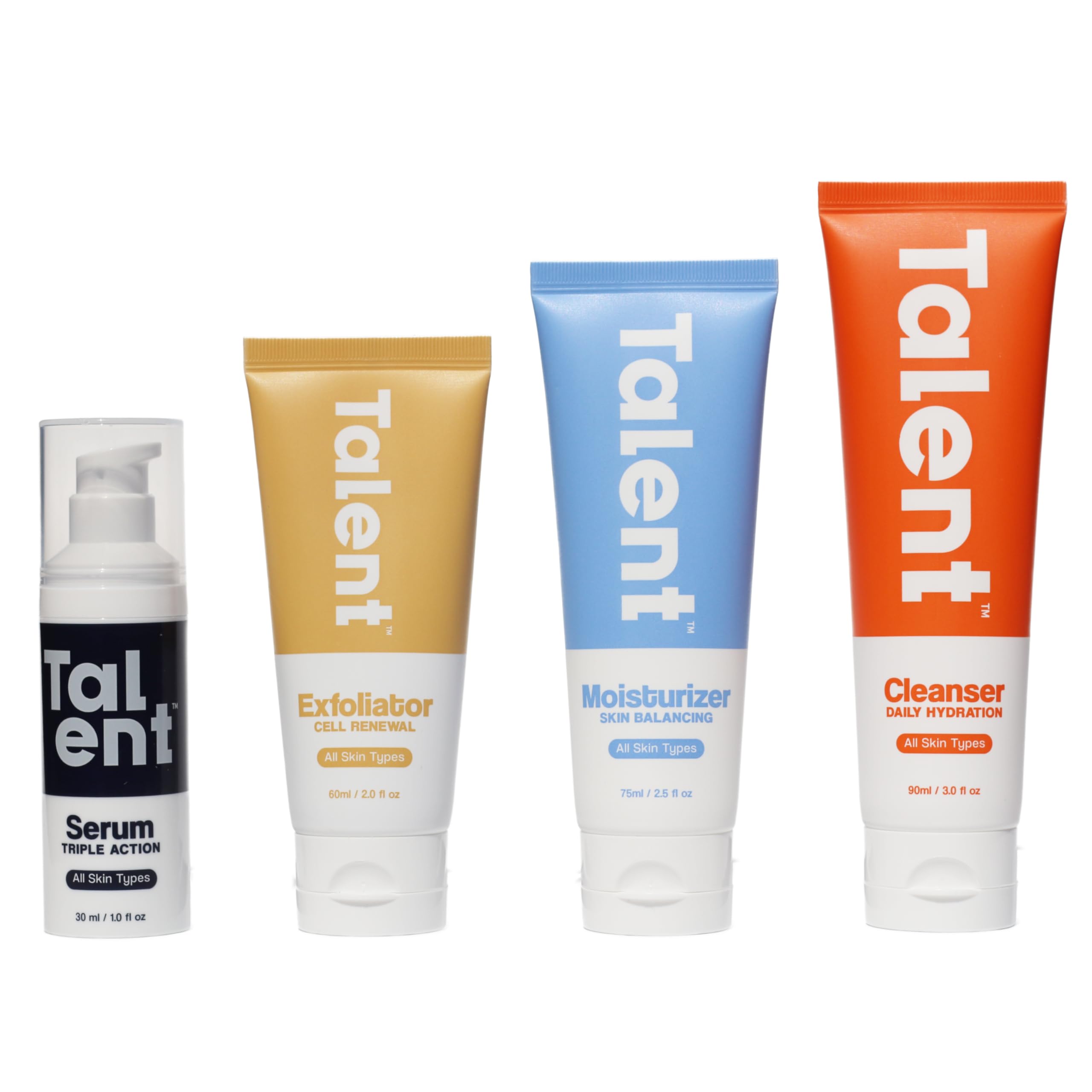 Talent Complete Skincare Set for Men  90 Day Supply, Korean Skincare, EWG Verified, FragranceFree Cleanser, Exfoliator, Serum 