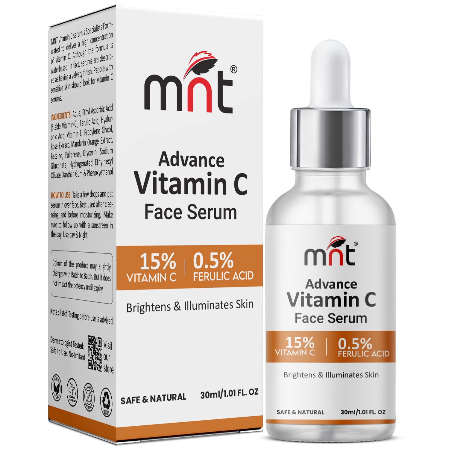 Mnt 15% Vitamin C Face Serum With 0.5% Ferulic Acid For Glowing Skin I Brightens & Illuminates Skin I For Men & Women I 30 Ml