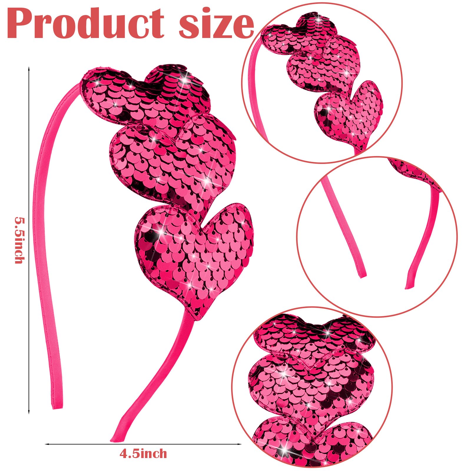 Chuangdi Valentine's Day Glitter Heart Headband - 3 Pcs Sequin Headband Elastic Love Heart Hair Band for Wedding (Rose Red, Blue